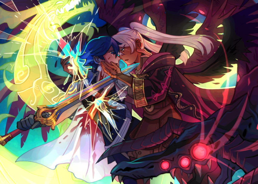 1boy 1girl blonde_hair blue_hair cape chrom_(fire_emblem) coat dragon extra_eyes eyes_of_grima falchion_(fire_emblem) fire_emblem fire_emblem_awakening grima_(fire_emblem) hand_on_another's_face highres holding holding_sword holding_weapon horns multiple_wings robin_(female)_(fire_emblem) robin_(fire_emblem) serenne short_hair stab sword tears twintails weapon white_hair wings