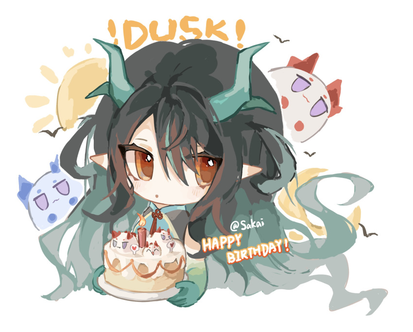 1girl :o aqua_hair arknights bare_arms black_hair brown_eyes cake candle character_name chibi commentary_request cropped_torso dragon_bubble_(arknights) dragon_horns dusk_(arknights) fire food happy_birthday highres holding holding_plate horns lava_(arknights) looking_at_viewer multicolored_hair nian_(arknights) parted_lips plate shahai solo_focus streaked_hair sun_symbol twitter_username upper_body