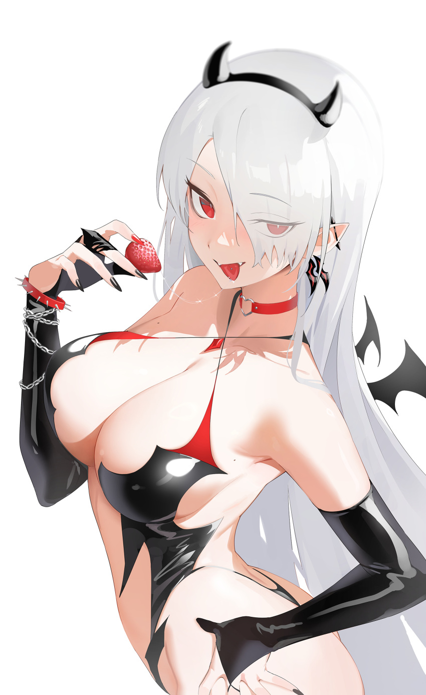 1girl absurdres ass backless_leotard bare_shoulders breasts demon_girl fake_horns food fruit headband highleg highleg_leotard highres horns large_breasts leotard long_hair looking_at_viewer milim_nova mole mole_on_breast original pointy_ears revealing_clothes saliva saliva_trail sideboob solo strawberry thong_leotard white_hair