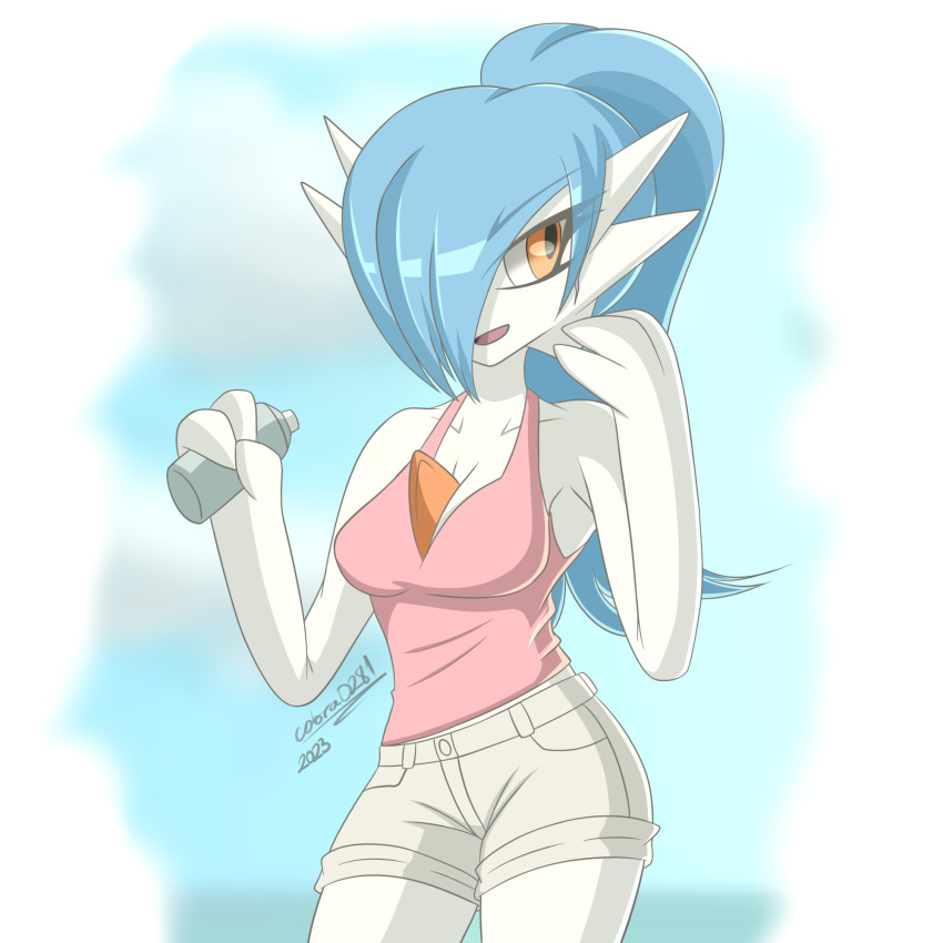 2023 3_fingers alyx_(cobra0281) blue_hair bottle bottomwear breasts cleavage clothed clothing cobra0281 container exercise female fingers gardevoir generation_3_pokemon hair hair_over_eye hi_res humanoid long_hair looking_away medium_breasts nintendo not_furry one_eye_obstructed pokemon pokemon_(species) ponytail shiny_pokemon shirt shorts signature solo tank_top topwear water_bottle