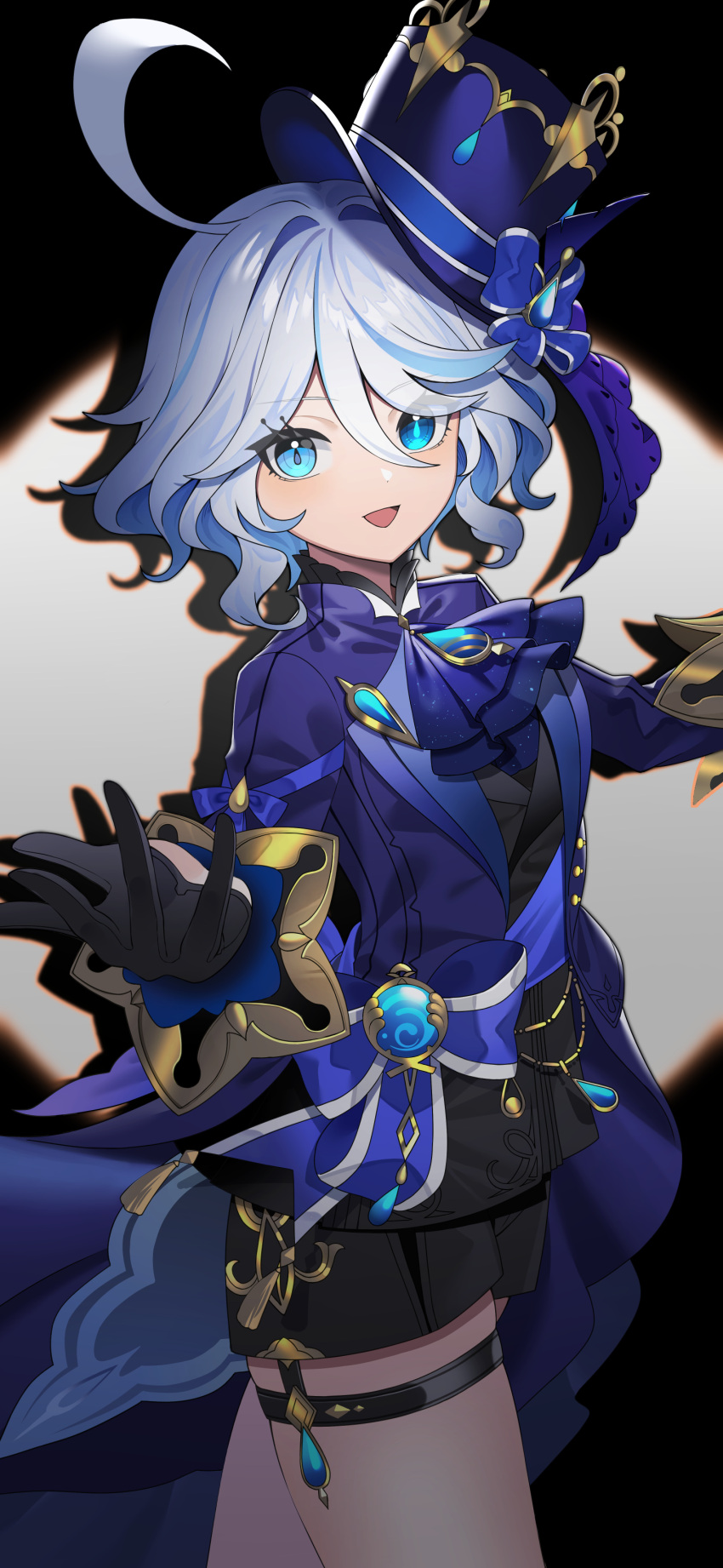 1girl :d absurdres ascot black_gloves black_shorts blue_ascot blue_brooch blue_hair blue_headwear blue_jacket commentary_request cowboy_shot cowlick drop-shaped_pupils furina_(genshin_impact) genshin_impact gloves hat hat_ribbon heterochromia highres jacket light_blue_hair long_sleeves looking_at_viewer open_mouth ribbon short_hair shorts smile solo top_hat yuujin_(yuzinn333)