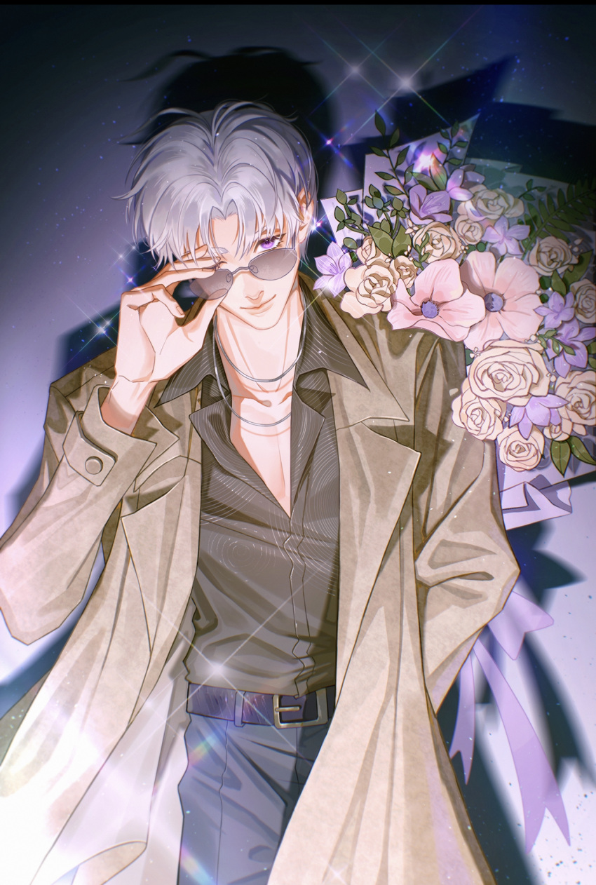 1boy arm_behind_back arm_up black_shirt bouquet brown_coat charlie_su coat cowboy_shot eyelashes flower glasses head_tilt highres holding holding_bouquet light_and_night_love lililixia looking_at_viewer male_focus one_eye_closed purple_eyes purple_ribbon removing_eyewear ribbon rose shirt short_hair smile sparkle white_hair yellow_flower yellow_rose