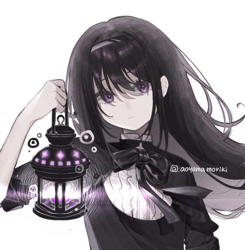 1girl akemi_homura aoyama_moriki black_bow black_bowtie black_hair black_headband bow bowtie commentary dress funeral_dress headband highres holding holding_lantern lantern long_hair mahou_shoujo_madoka_magica mahou_shoujo_madoka_magica:_hangyaku_no_monogatari purple_eyes simple_background solo symbol-only_commentary white_background