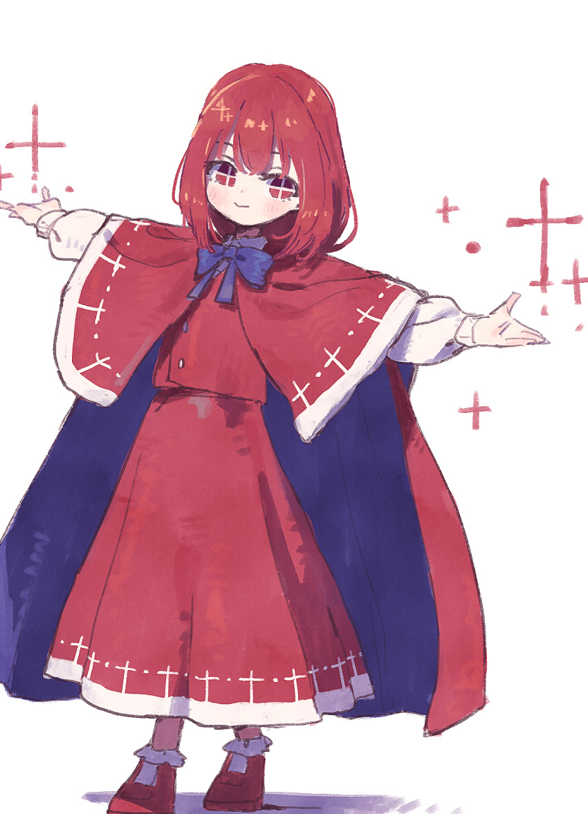 1girl aged_down ankle_socks blue_bow blue_bowtie blush bobby_socks bow bowtie bright_pupils cape capelet closed_mouth commentary cross-shaped_pupils dress full_body highres long_dress long_sleeves looking_at_viewer mary_janes nama_udon okazaki_yumemi outstretched_arms red_cape red_capelet red_dress red_eyes shoes short_hair simple_background smile socks solo spread_arms standing symbol-shaped_pupils touhou touhou_(pc-98) white_background white_pupils white_socks