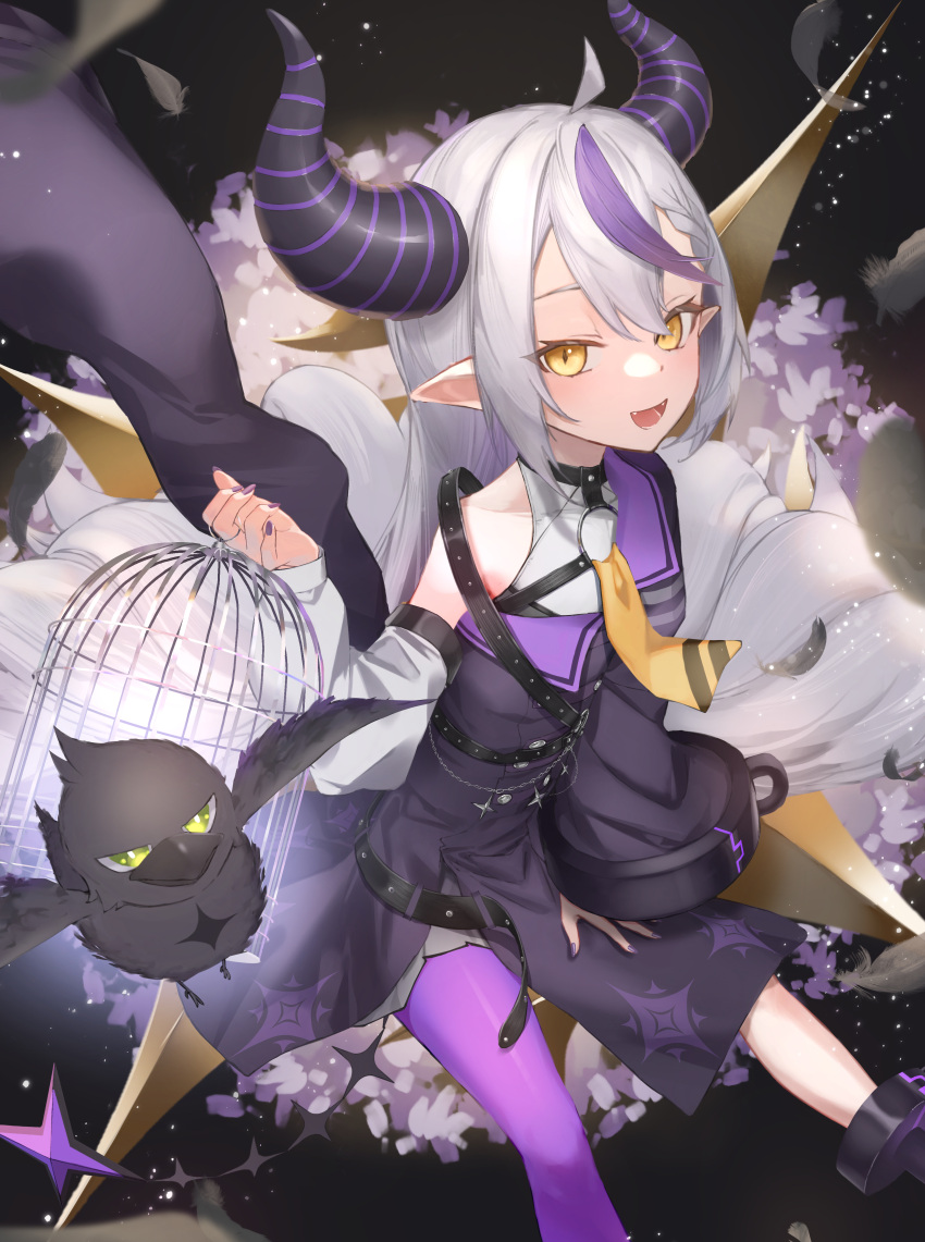 absurdres ahoge ankle_cuffs ascot birdcage black_horns braid braided_bangs cage crow_(la+_darknesss) highres hololive horns la+_darknesss la+_darknesss_(1st_costume) multicolored_hair pointy_ears purple_hair purple_nails purple_thighhighs rasa_k single_leg_pantyhose streaked_hair striped_horns thighhighs virtual_youtuber yellow_ascot yellow_eyes