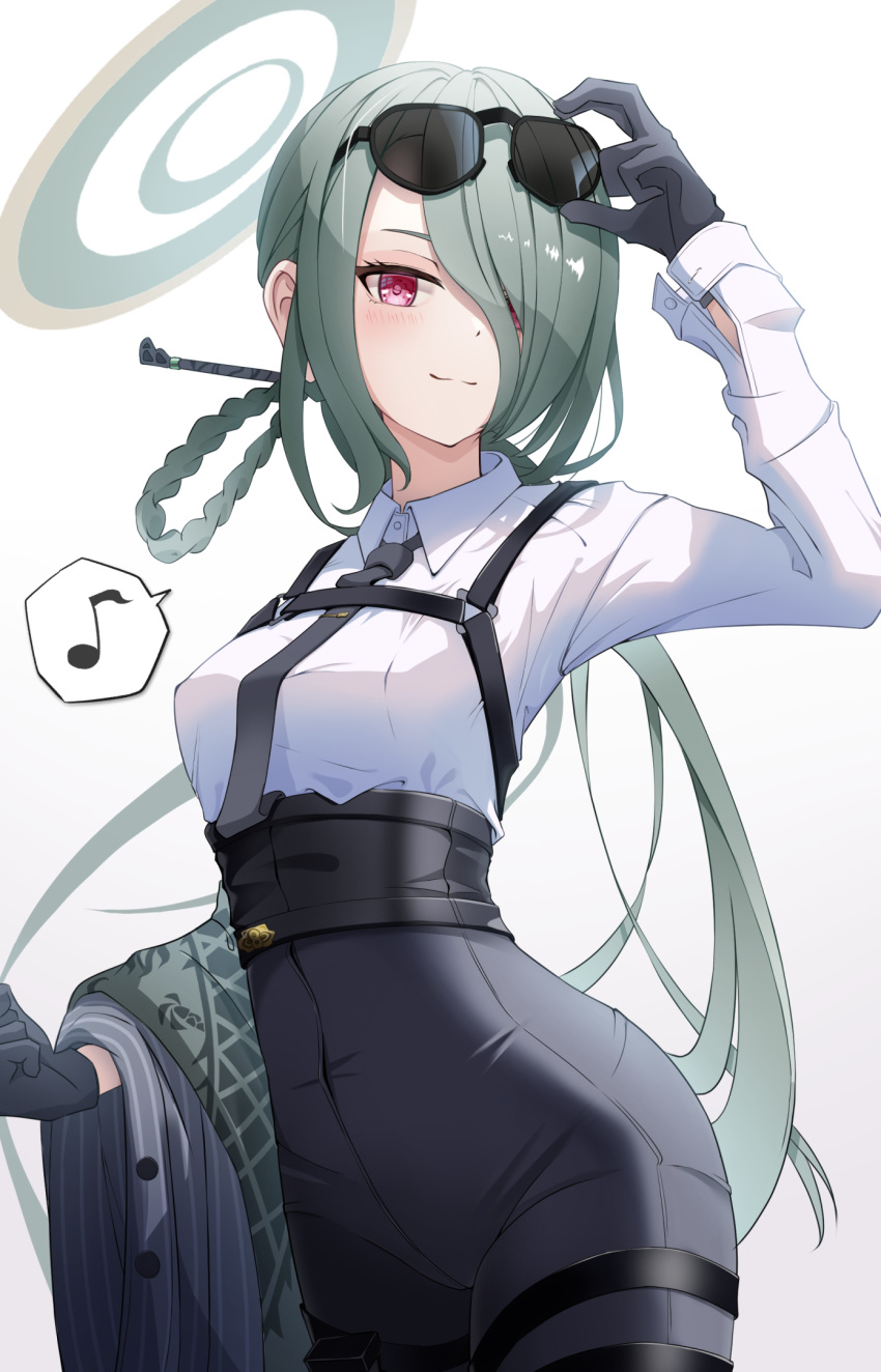 1girl black_gloves black_necktie black_pants blue_archive braid breasts closed_mouth coat collared_shirt eyewear_on_head gloves green_hair hair_over_one_eye halo hand_on_eyewear high-waist_pants highres holding holding_clothes holding_coat long_hair long_sleeves looking_at_viewer mina_(blue_archive) musical_note necktie pants purple_eyes she100legs shirt shirt_tucked_in simple_background smile solo spoken_musical_note striped_coat sunglasses white_background white_shirt