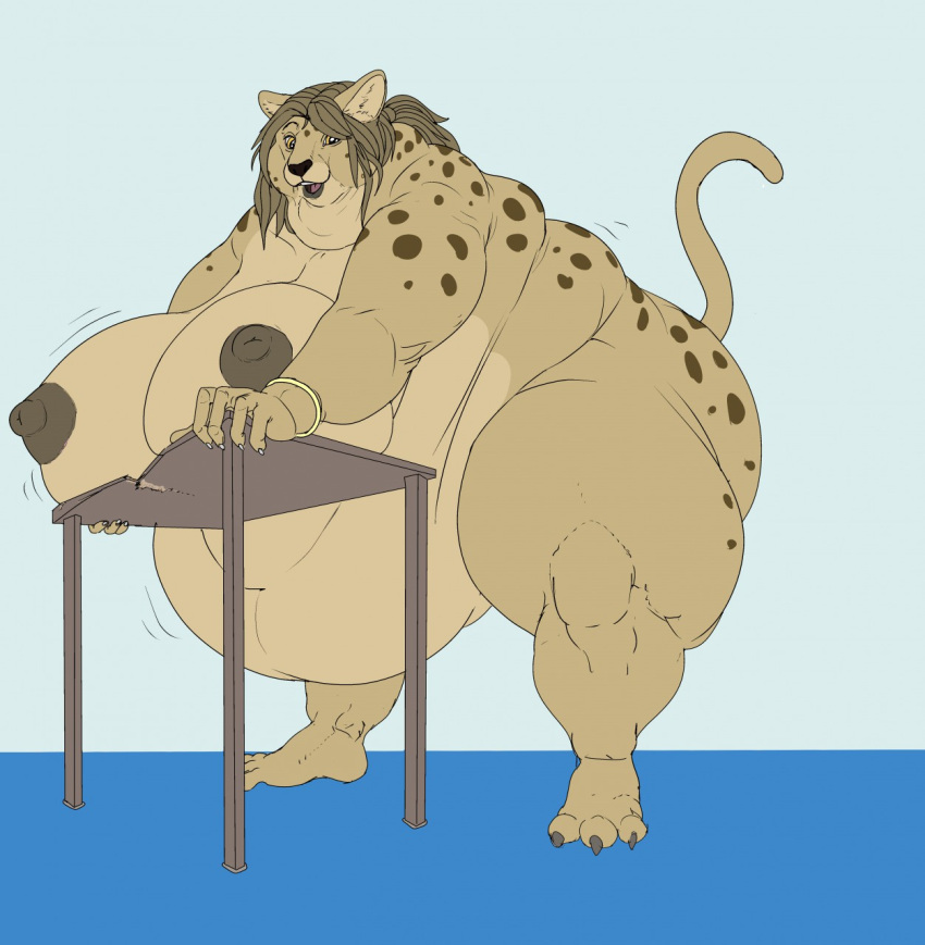 3_toes 5_fingers amber_eyes anthro belly big_belly big_breasts black_nose breasts brown_eyebrows brown_hair brown_nipples cheetah eyebrows feet felid feline female fingers fur furniture hair hi_res inner_ear_fluff luaky mammal navel nipples obese obese_anthro obese_female open_mouth overweight overweight_anthro overweight_female pink_tongue solo spots standing table tail tan_body tan_fur tan_inner_ear_fluff toes tongue tuft