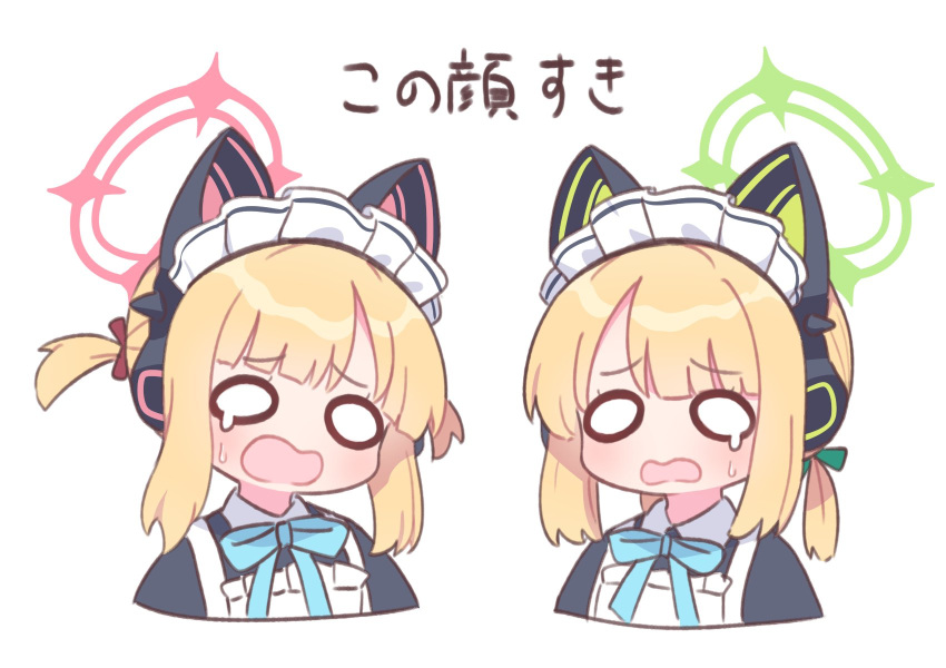 2girls animal_ear_headphones animal_ears apron blonde_hair blue_archive blue_ribbon blunt_bangs cat_ear_headphones cropped_shoulders fake_animal_ears green_halo green_ribbon hair_ribbon headphones highres maid maid_apron maid_headdress midori_(blue_archive) midori_(maid)_(blue_archive) momoi_(blue_archive) momoi_(maid)_(blue_archive) multiple_girls naga_u neck_ribbon o_o open_mouth pink_halo pink_ribbon ribbon short_hair siblings simple_background sisters tearing_up translated twins two_side_up white_background