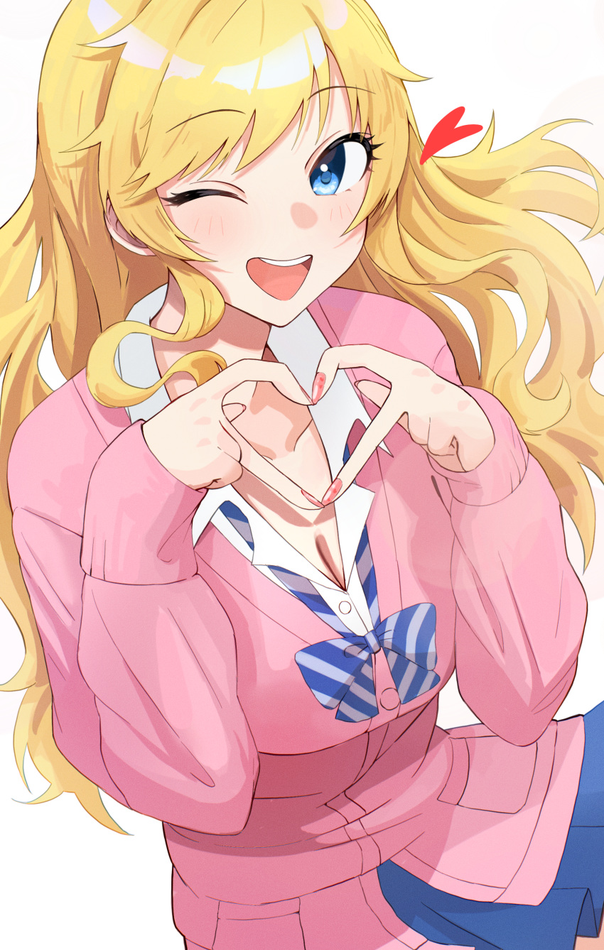 1girl ;d absurdres ban_(puka_0507) blonde_hair blue_eyes blue_skirt blush bow bowtie breasts cardigan cleavage collarbone diagonal-striped_bowtie fingernails gyaru heart heart_hands highres idolmaster idolmaster_cinderella_girls idolmaster_cinderella_girls_starlight_stage kogal large_breasts long_hair looking_at_viewer loose_bowtie nail_polish ohtsuki_yui one_eye_closed open_collar pink_cardigan school_uniform simple_background skirt smile solo teeth upper_teeth_only very_long_hair white_background