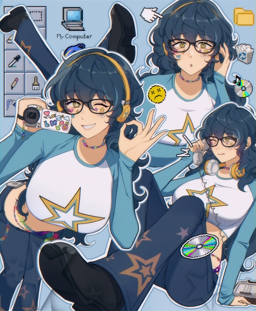 1girl absurdres aoba_tsumugi blue_background blue_hair brown_eyes camcorder camera denim ensemble_stars! genderswap genderswap_(mtf) glasses highres holding holding_camera jeans long_hair lummy_yummy ok_sign one_eye_closed pants pixel_art smile solo star_(symbol) star_in_eye sticker_on_face symbol_in_eye teeth video_camera yellow_headphones