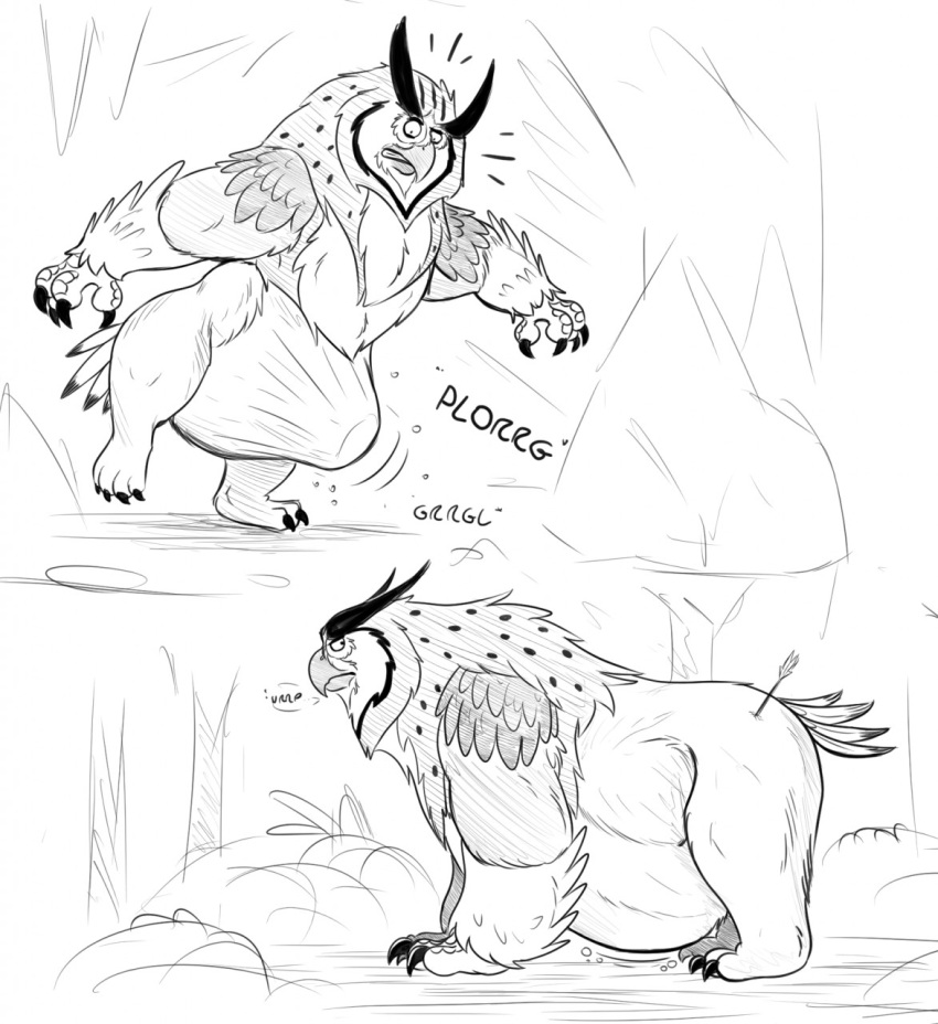 abdominal_bulge after_vore arrow_(weapon) arrowed belly big_belly digestion dungeons_and_dragons feral feral_pred hasbro hi_res looking_back male onomatopoeia ottus_(thatgryphonguy) owlbear ranged_weapon sketch sound_effects struggling_prey surprise text thatgryphonguy vore weapon wizards_of_the_coast