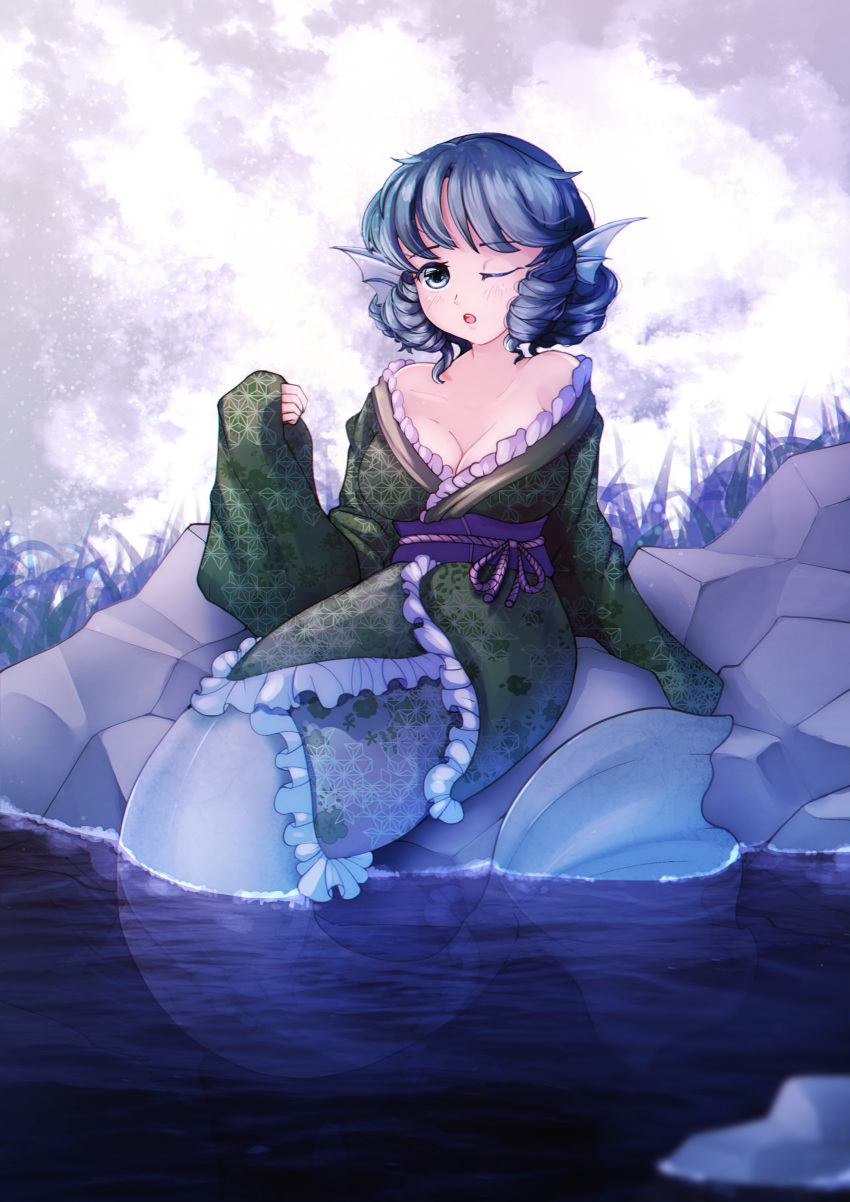 1girl ;o absurdres blue_eyes blue_hair breasts cleavage commentary drill_hair drill_sidelocks dungeon_toaster fins frilled_kimono frills green_kimono head_fins highres japanese_clothes kimono mermaid monster_girl one_eye_closed open_mouth outdoors sash short_hair sidelocks sitting solo touhou wading wakasagihime