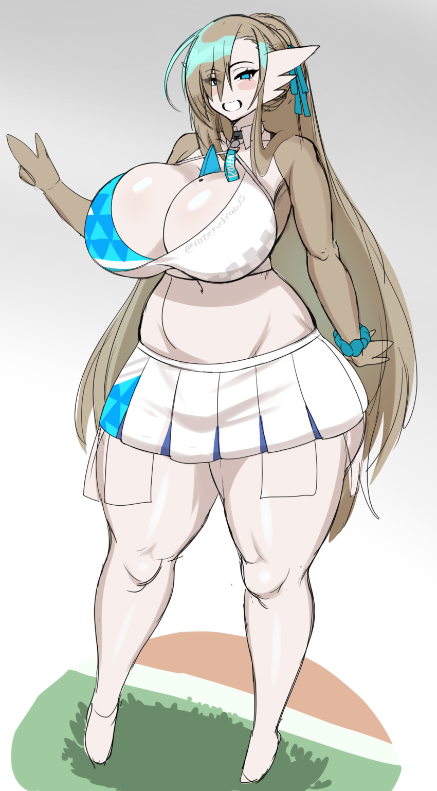 anthro asuna_ichinose big_breasts blue_archive blue_eyes blush bottomwear breasts brown_hair cleavage clothed clothing female gaikiken gardevoir generation_3_pokemon hair hi_res humanoid_face long_hair looking_at_viewer nintendo pokemon pokemon_(species) sketch skirt smile solo thick_thighs white_bottomwear white_clothing white_skirt