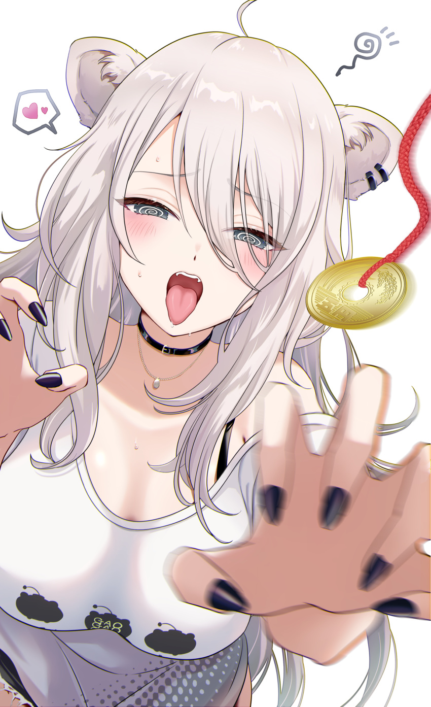 1girl @_@ absurdres ahoge animal_ears black_choker black_nails blush breasts choker claw_pose coin coin_on_string commentary_request grey_eyes hair_between_eyes heart highres holed_coin hololive hypnosis jewelry kudoukudokudo large_breasts lion_ears lion_girl long_hair looking_at_viewer mind_control necklace open_mouth partial_commentary shirt shishiro_botan shishiro_botan_(3rd_costume) simple_background solo spoken_heart tongue tongue_out very_long_hair white_background white_shirt