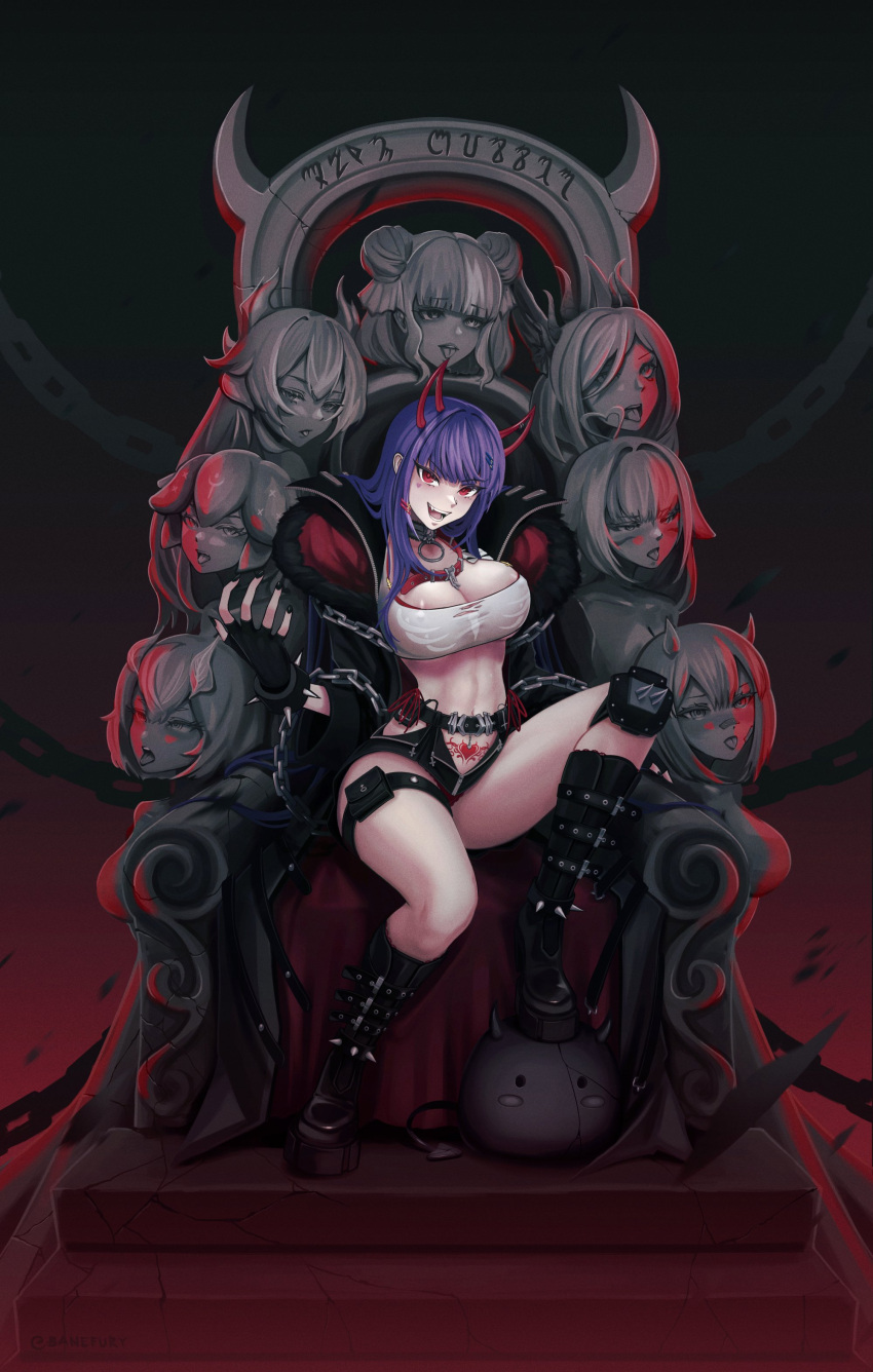 absurdres akuma_nihmune akuma_nihmune_(2nd_costume) banefury bao_(vtuber) belt belt_buckle black_nails boots bracelet breasts buckle chain collar demon_girl demon_horns eiko_orihime fingerless_gloves gloves highres horns indie_virtual_youtuber jewelry knee_boots large_breasts looking_at_viewer open_mouth pubic_tattoo purple_hair rainhoe red_eyes sanagi_yuzu shylily spiked_bracelet spiked_kneepads spikes tattoo teeth thigh_strap throne tongue trickywi vienna_(vtuber) virtual_youtuber