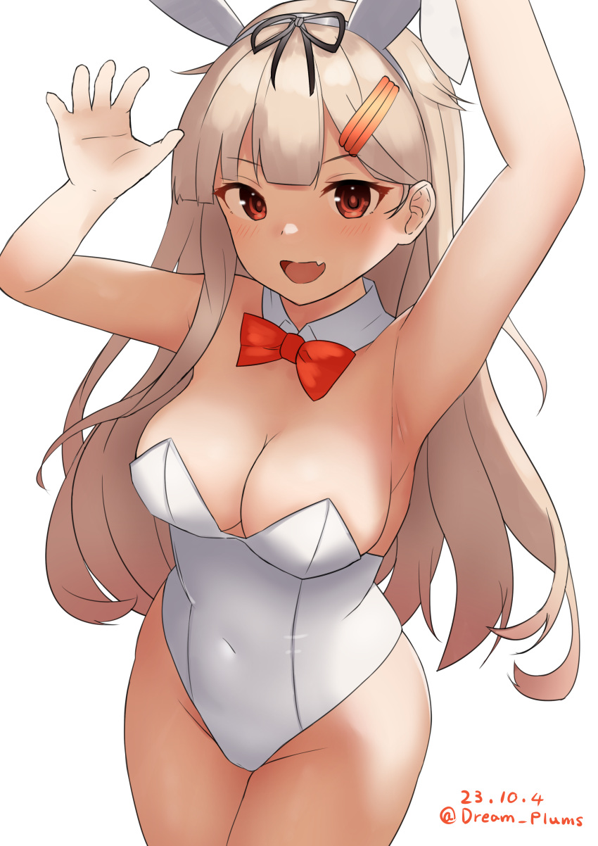 absurdres animal_ears black_ribbon blonde_hair bow bowtie breasts covered_navel dated fake_animal_ears fang hair_flaps hair_ornament hair_ribbon hairclip haruno_plum highres kantai_collection leotard medium_breasts playboy_bunny rabbit_ears rabbit_tail red_eyes ribbon strapless strapless_leotard tail traditional_bowtie twitter_username white_background white_leotard wrist_cuffs yuudachi_(kancolle) yuudachi_kai_ni_(kancolle)