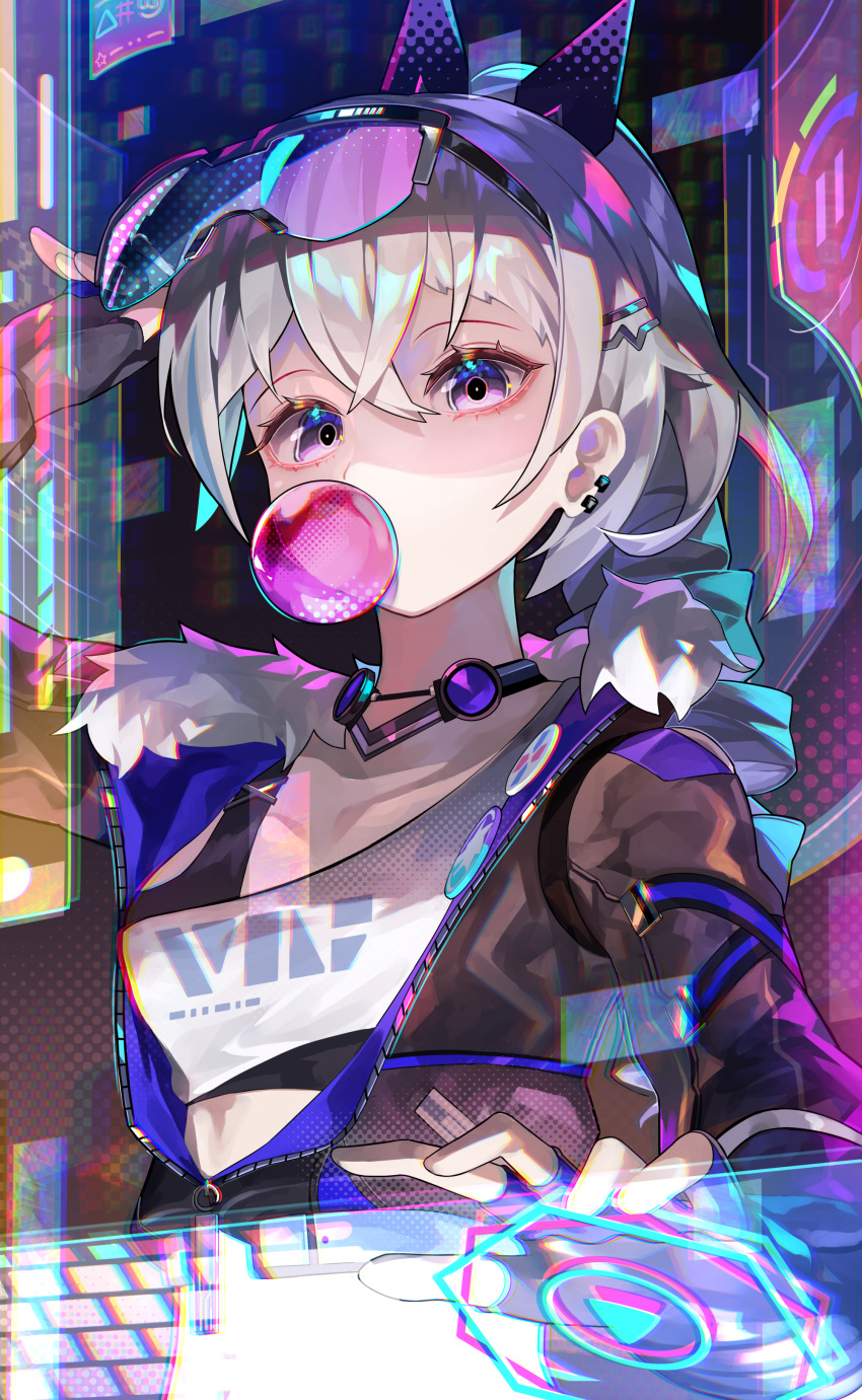 1girl absurdres badge black_gloves black_jacket bubble_blowing button_badge chewing_gum chromatic_aberration costume_request cropped_jacket drill_hair earrings english_commentary fingerless_gloves gloves goggles goggles_on_head grey_hair hair_ornament hairpin highres hiro_(yoshi_chan) honkai:_star_rail honkai_(series) jacket jewelry purple_eyes silver_wolf_(honkai:_star_rail) solo upper_body