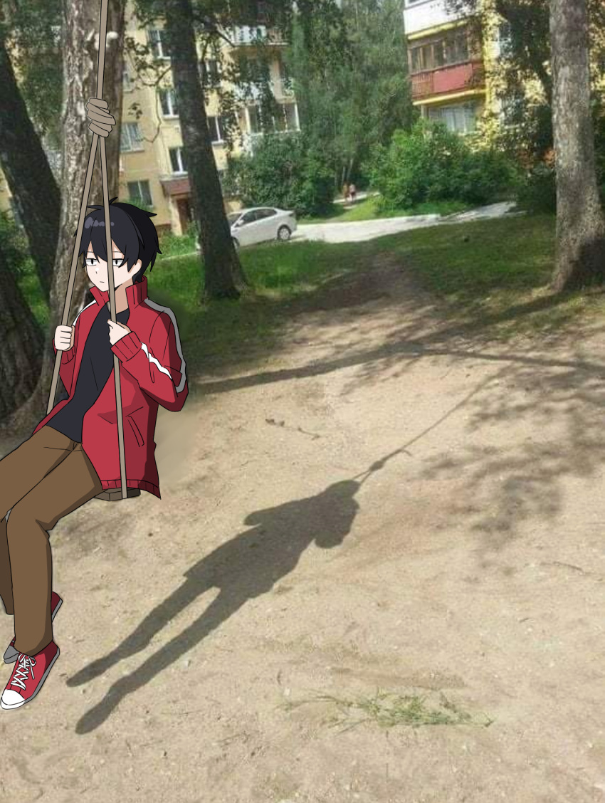 1boy black_eyes black_hair black_shirt brown_pants building bush car casual closed_mouth commentary_request cross-laced_footwear dappled_sunlight day dirt_road double-parted_bangs expressionless full_body grass highres jacket kagerou_project kisaragi_shintarou koyon long_hair long_sleeves looking_ahead male_focus motor_vehicle open_clothes open_jacket outdoors pants photo_background pocket popped_collar red_footwear red_jacket road rope sand shadow shirt shoelaces shoes short_hair single_vertical_stripe sitting sneakers solo striped sunlight swing t-shirt track_jacket tree two-tone_footwear v-neck white_footwear white_stripes wide_shot