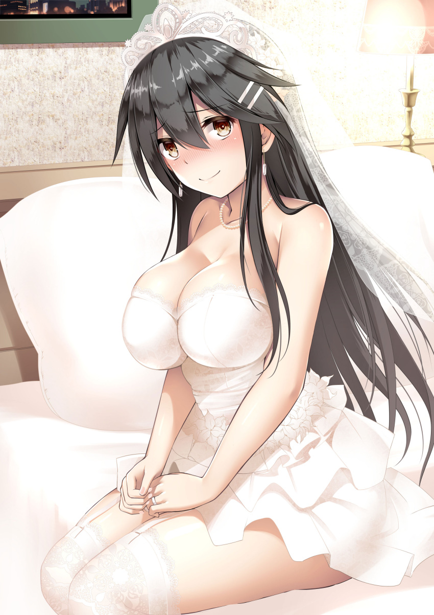 1girl absurdres alternate_costume bare_shoulders bed bedroom black_hair blush breasts bridal_veil brown_eyes cleavage closed_mouth desk_lamp dress earrings garter_straps hair_between_eyes hair_ornament hairclip haruna_(kancolle) highres indoors jewelry kantai_collection kuromayu lace lace-trimmed_legwear lace_trim lamp large_breasts layered_dress long_hair looking_at_viewer necklace nose_blush on_bed own_hands_together pearl_necklace pillow ring sitting smile solo straight_hair strapless strapless_dress thighhighs thighs veil very_long_hair wedding_dress wedding_ring white_dress white_thighhighs