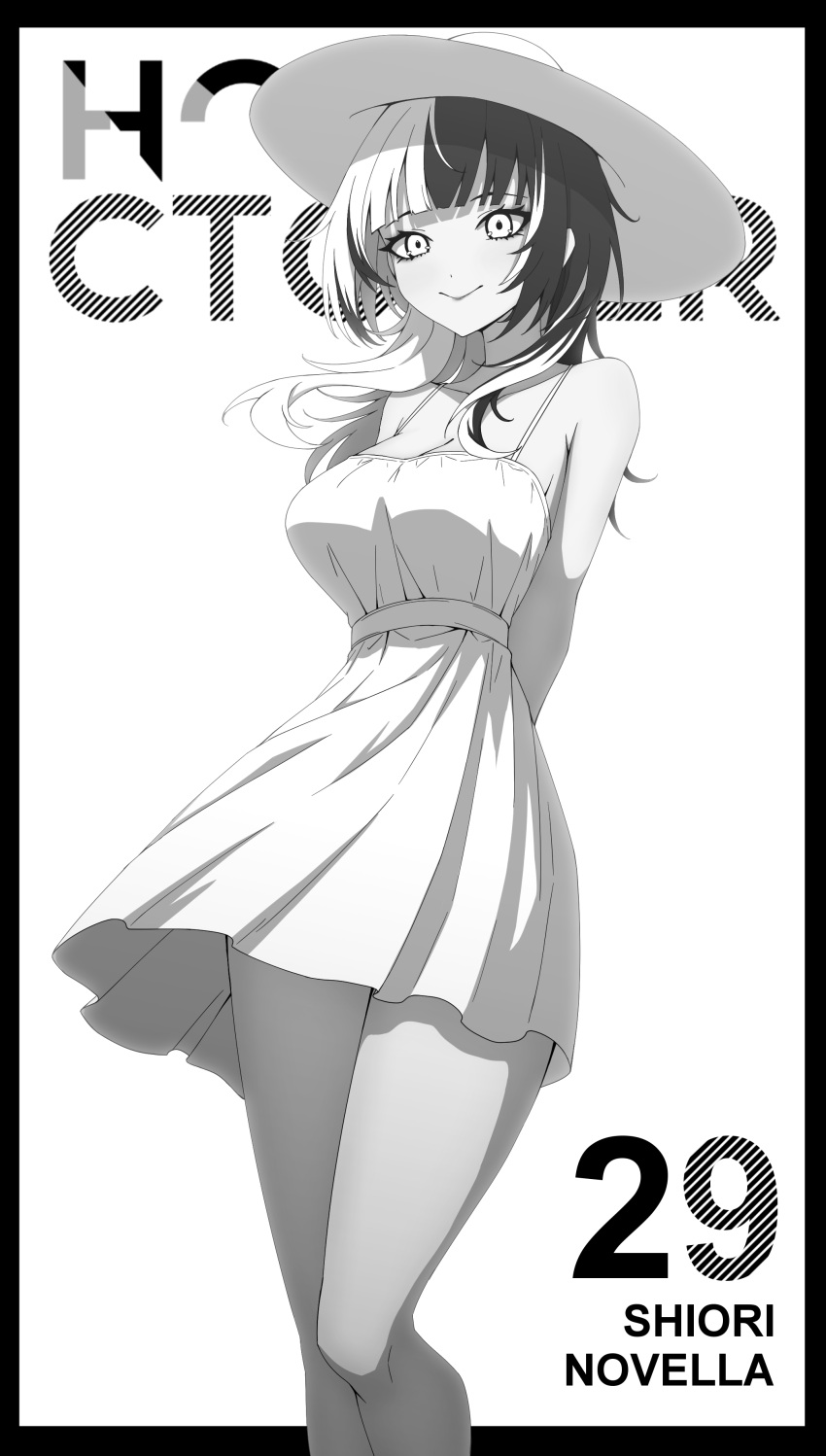 1girl absurdres arms_behind_back bare_shoulders black_border black_hair border breasts character_name daydarion dress english_commentary hat highres hololive hololive_english large_breasts long_hair looking_at_viewer monochrome multicolored_hair outside_border sash shiori_novella short_dress smile solo split-color_hair sun_hat sundress two-tone_hair virtual_youtuber white_background white_hair wind wolf_cut