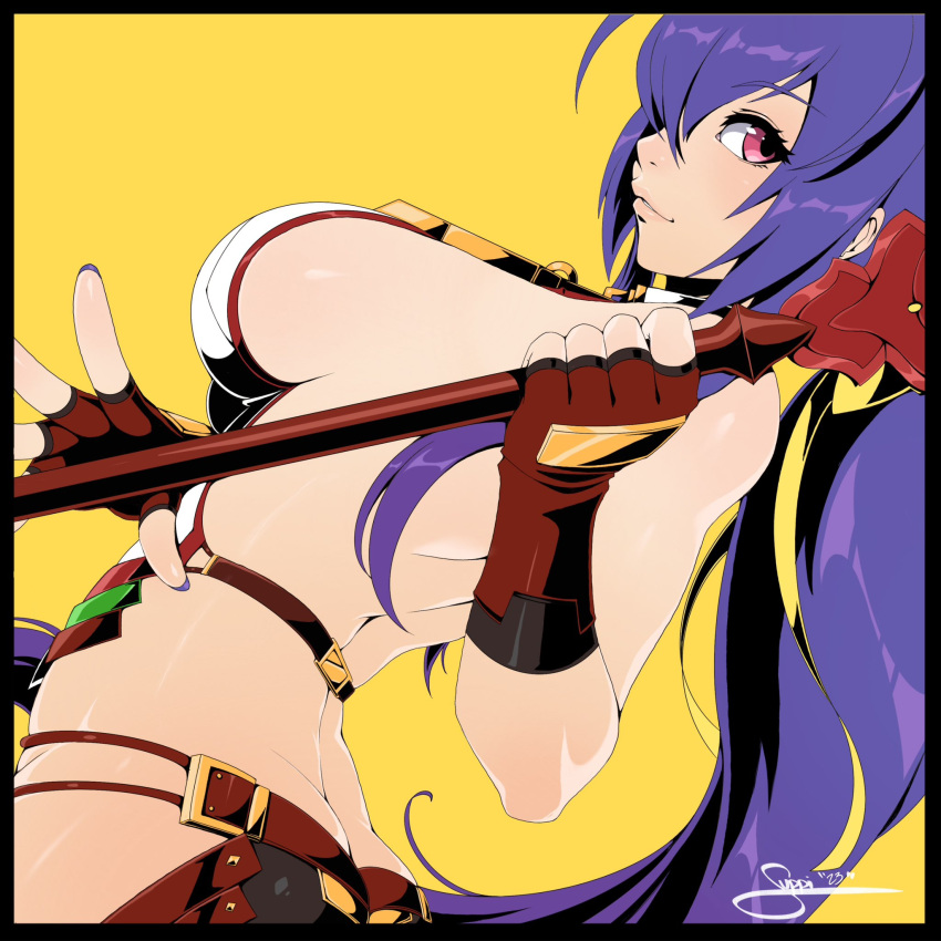 1girl arched_back ass back black_gloves blazblue breasts dimples_of_venus dutch_angle fingerless_gloves from_behind gloves hair_between_eyes hair_over_one_eye highres holding holding_weapon its_just_suppi large_breasts lips long_hair looking_at_viewer mai_natsume pink_eyes polearm purple_hair purple_nails red_gloves sideboob solo two-tone_gloves upper_body very_long_hair weapon