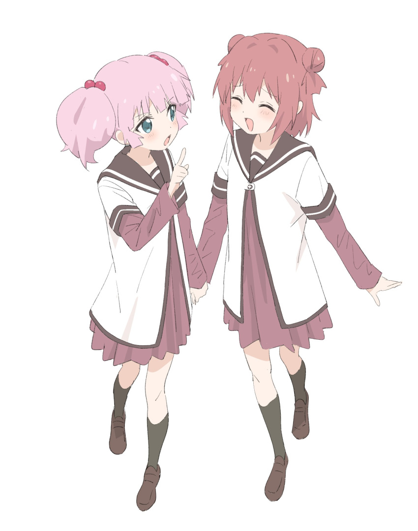 2girls akaza_akari black_socks blue_eyes brown_footwear closed_eyes double_bun dress hair_bun highres looking_at_another multiple_girls nanamori_school_uniform open_mouth pink_hair purple_dress red_hair school_uniform shoes simple_background sincos socks twintails walking white_background yoshikawa_chinatsu yuru_yuri