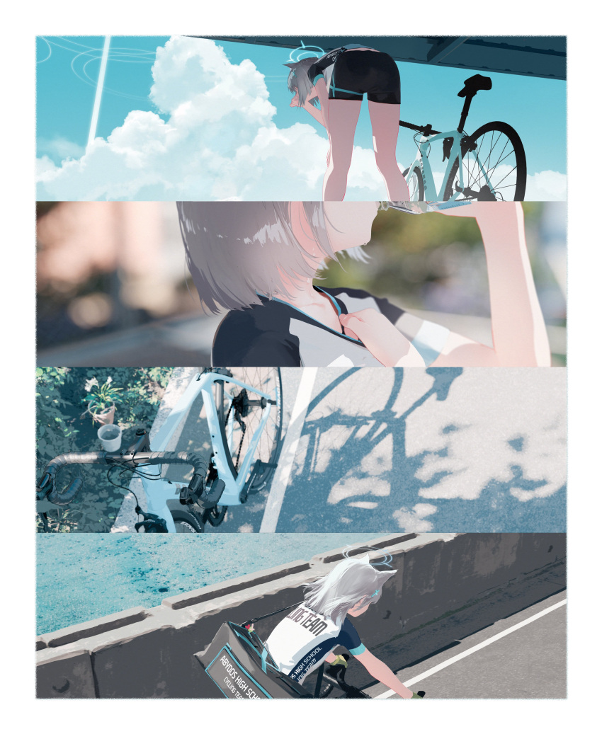 1girl absurdres animal_ears bicycle bike_jersey black_shorts blue_archive blue_halo bottle cross_hair_ornament drinking grey_hair hair_ornament halo highres holding holding_bottle medium_hair multiple_views plant potted_plant riding riding_bicycle shiroko_(blue_archive) shiroko_(cycling)_(blue_archive) short_sleeves shorts tacshojosora water_bottle wolf_ears