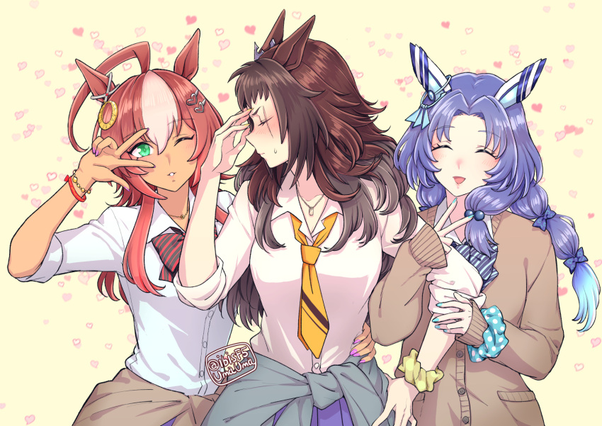 3girls ahoge alternate_costume alternate_hairstyle animal_ears arm_hug arm_up blue_hair blush bow bowtie bracelet breasts brown_hair byerley_turk_(umamusume) cardigan closed_eyes closed_mouth clothes_around_waist collared_shirt dark-skinned_female dark_skin darley_arabian_(umamusume) ear_covers embarrassed facing_to_the_side godolphin_barb_(umamusume) green_eyes gyaru hair_bobbles hair_bow hair_ornament hand_on_another's_waist hand_on_own_forehead hand_on_own_hip heart hi_(ibisf5umauma) highres horse_ears jewelry kogal long_hair looking_at_viewer multiple_girls necklace necktie one_eye_closed open_mouth parted_bangs purple_skirt scar scar_across_eye scrunchie shirt skirt sleeves_past_fingers sleeves_past_wrists sleeves_rolled_up small_breasts smile twitter_username umamusume upper_body v v_over_eye white_shirt wig wrist_scrunchie yellow_necktie
