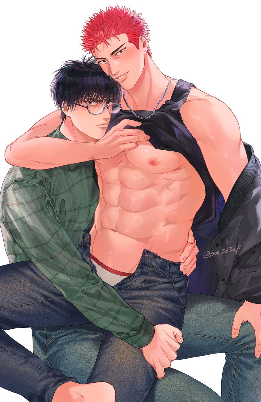 2boys abs absurdres bara bare_pectorals black_hair black_jacket black_pants black_tank_top closed_mouth glasses green_pants green_shirt highres jacket jewelry large_pectorals looking_at_viewer male_focus male_underwear multiple_boys muscular muscular_male navel necklace nipples om3632f open_clothes open_jacket open_pants pants pectorals red_hair rukawa_kaede sakuragi_hanamichi shirt short_hair slam_dunk_(series) smile tank_top twitter_username underwear white_male_underwear yaoi