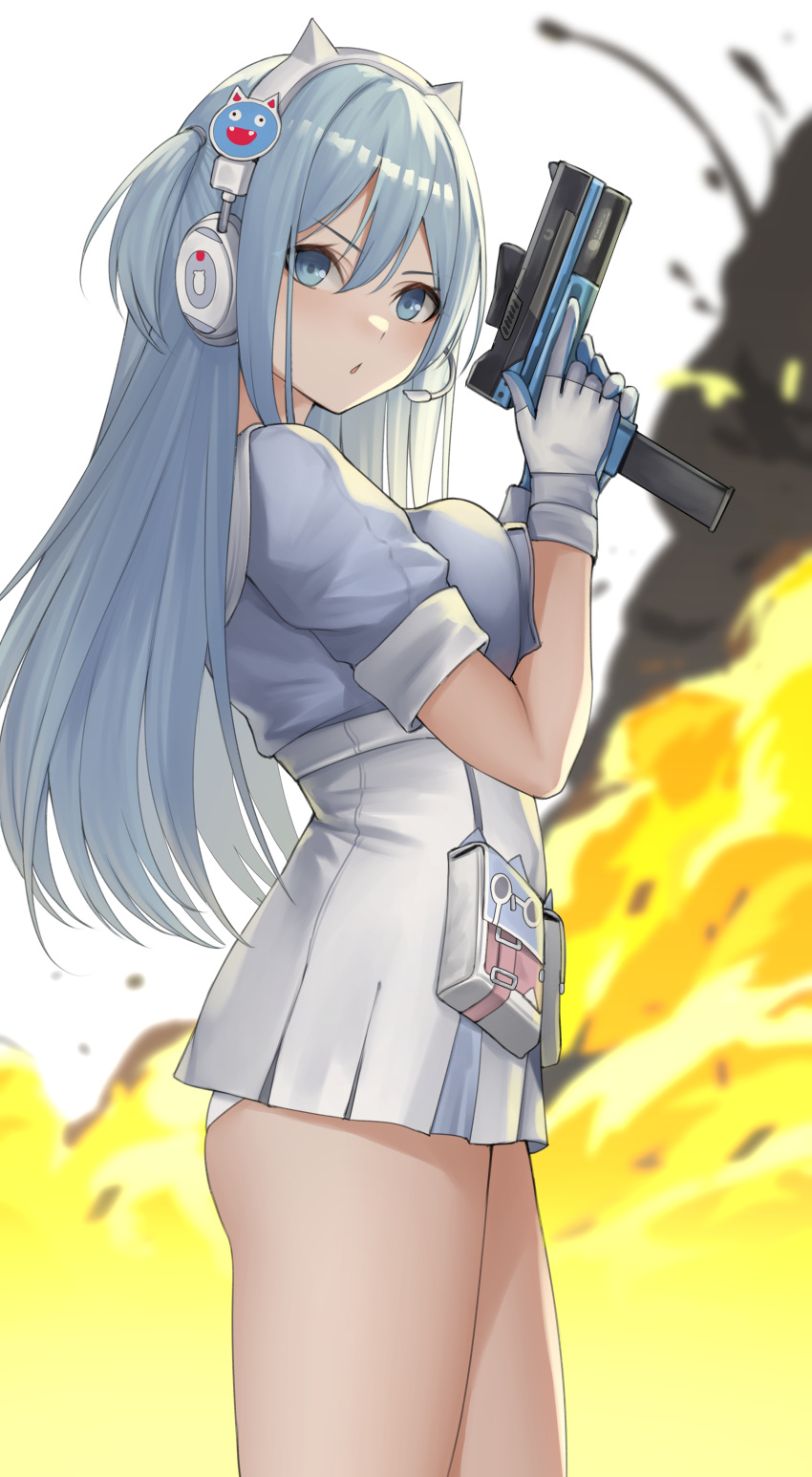 1girl absurdres animal_ear_headphones animal_ears ass blue_eyes blue_hair blue_shirt breasts collared_dress commentary dress explosion fake_animal_ears goddess_of_victory:_nikke gun hair_between_eyes headphones headset highres holding holding_gun holding_weapon kurone_rinka long_hair looking_at_viewer medium_breasts panties pantyshot parted_lips pouch revision sailor_collar shifty_(nikke) shirt short_sidetail short_sleeves sidelocks skirt solo standing underwear weapon white_dress white_sailor_collar
