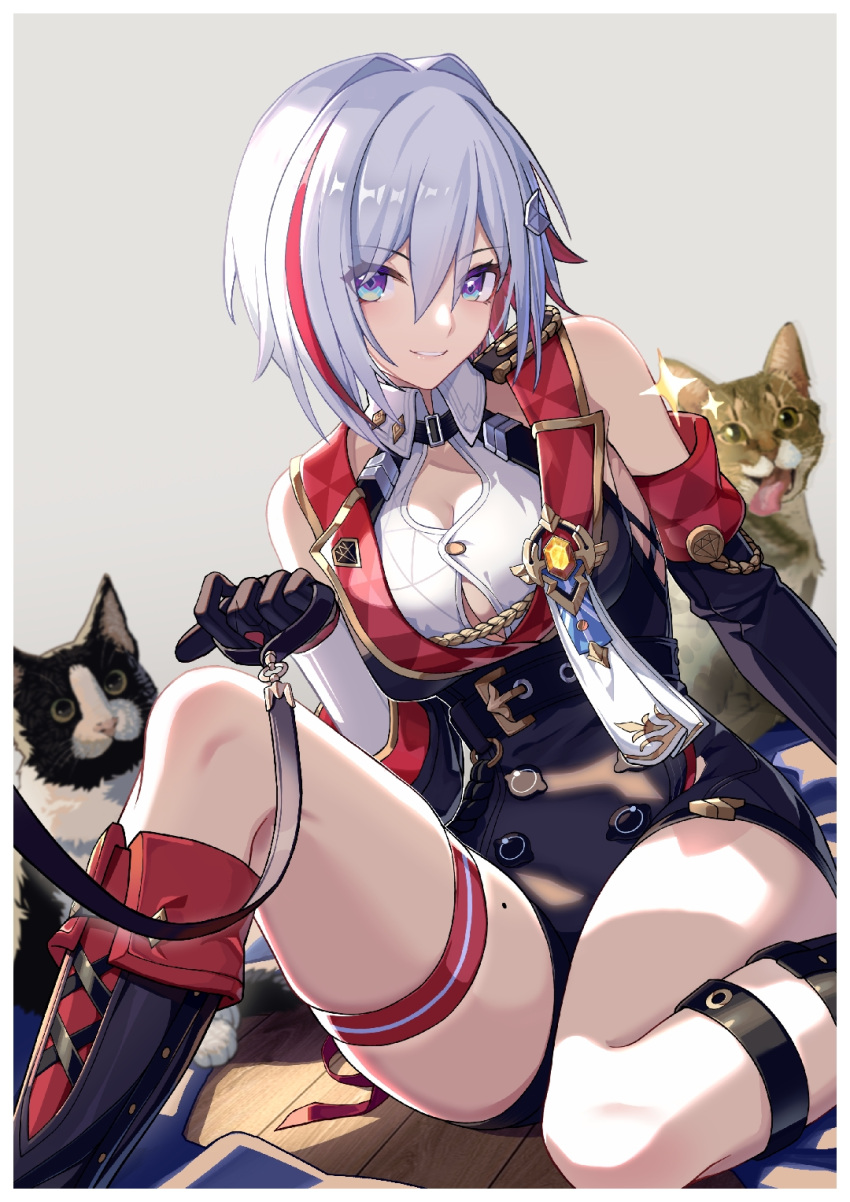 1girl bare_shoulders belt black_belt black_gloves black_sleeves black_unitard breasts cat colored_inner_hair gloves highres holding holding_leash honkai:_star_rail honkai_(series) huiqian large_breasts leash looking_at_viewer mole mole_on_thigh multicolored_hair red_hair skindentation smile streaked_hair thigh_strap thighs topaz_(honkai:_star_rail)