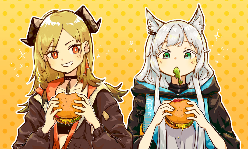 2girls absurdres animal_ear_fluff animal_ears arknights black_choker blonde_hair blush braid bright_pupils brown_jacket burger cheese choker collarbone colored_eyelashes commentary_request dotted_background earrings eating food green_eyes grey_hair grin highres holding holding_food hood hood_down hooded_jacket horns ifrit_(arknights) jacket jewelry kibata_(kibatan01) lettuce long_hair looking_to_the_side mouth_hold multiple_girls orange_eyes outline rosmontis_(arknights) sidelocks single_earring smile sparkle star_(symbol) teeth tomato tomato_slice upper_body white_pupils yellow_background zipper