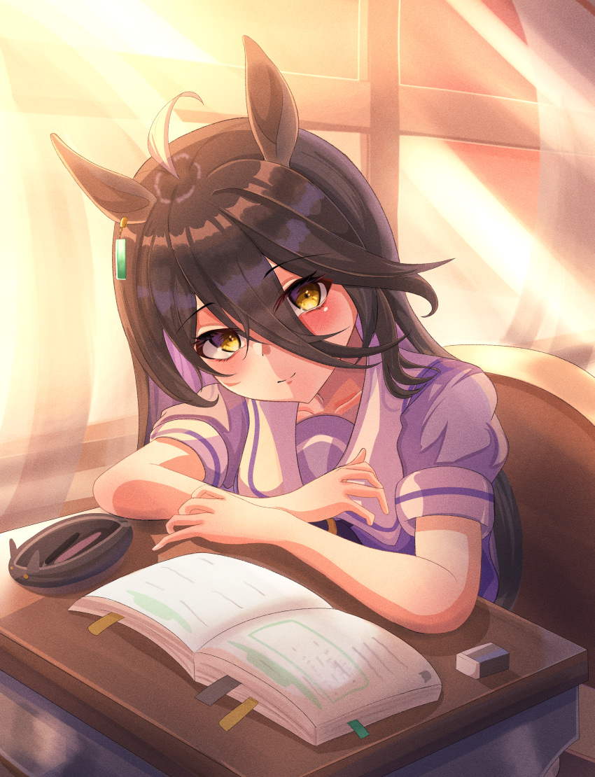 1girl absurdres ahoge animal_ears blush book buckwheat638478 closed_mouth commentary_request crossed_arms curtains desk earrings eraser hair_between_eyes highres horse_ears horse_girl indoors jewelry long_hair looking_at_viewer manhattan_cafe_(umamusume) open_book pencil_case puffy_short_sleeves puffy_sleeves purple_shirt school_desk school_uniform shirt short_sleeves single_earring sitting smile solo summer_uniform tracen_school_uniform umamusume window yellow_eyes