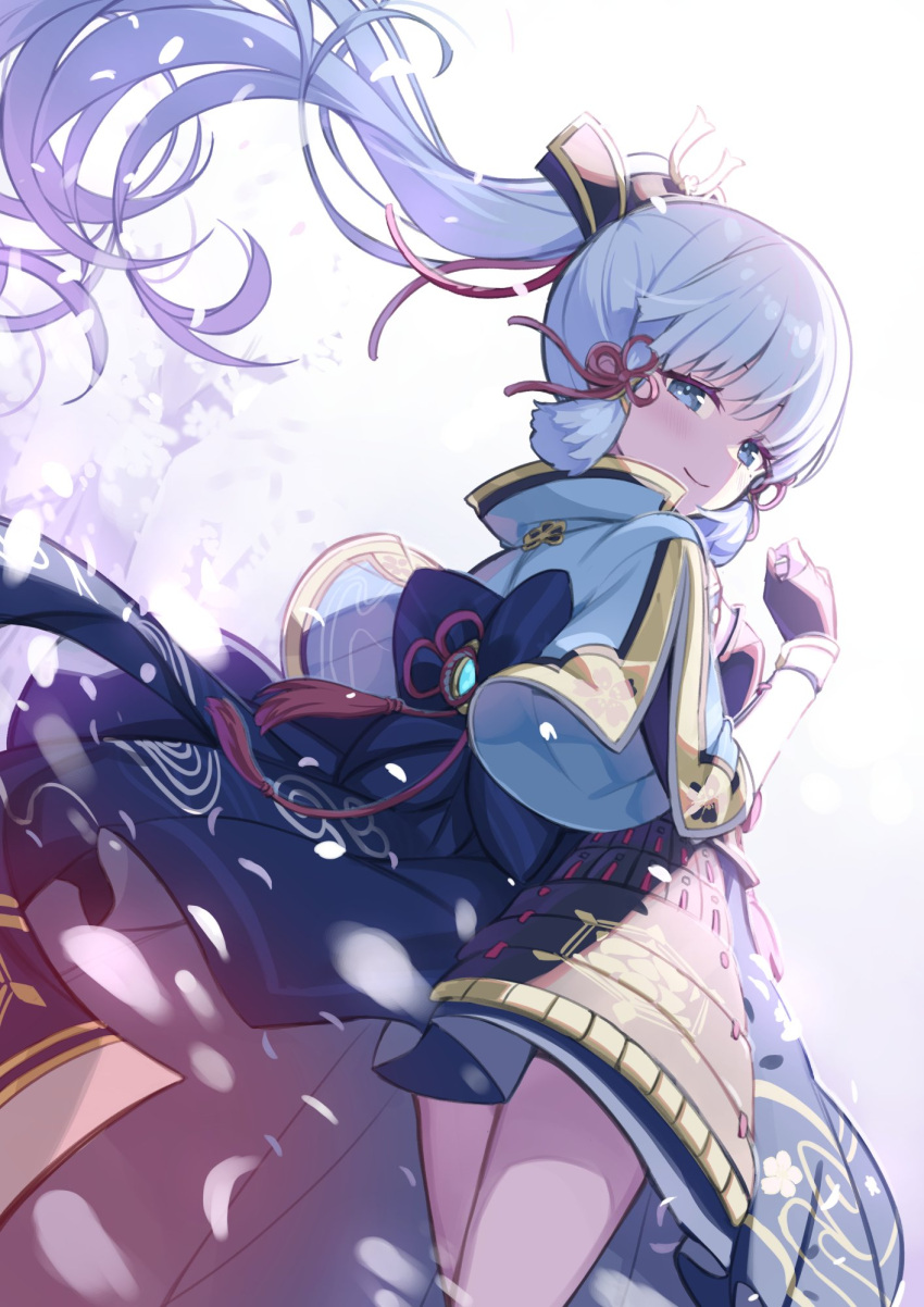 1girl armor blue_eyes blue_skirt blunt_bangs blunt_tresses closed_mouth dou genshin_impact gloves gold_trim highres jacket japanese_armor japanese_clothes kamisato_ayaka kote kusazuri long_hair looking_at_viewer partially_fingerless_gloves ponytail short_sleeves skirt smile solo tam-u white_hair white_jacket wide_sleeves yugake