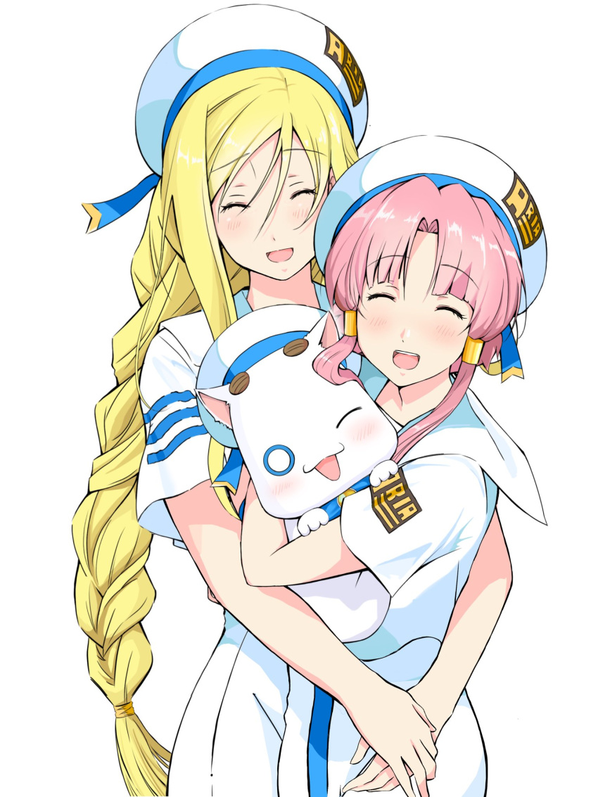 2girls alicia_florence andanden aria aria_company_uniform aria_pokoteng beret blonde_hair blue_bow blue_bowtie blue_ribbon blush bow bowtie braid braided_ponytail cat closed_eyes cowboy_shot dress hair_between_eyes hair_tubes hat hat_ribbon highres holding hug looking_at_viewer mizunashi_akari multiple_girls one_eye_closed open_mouth parted_bangs pink_hair ribbon short_sleeves sidelocks simple_background smile undine_(aria) white_background white_dress white_headwear