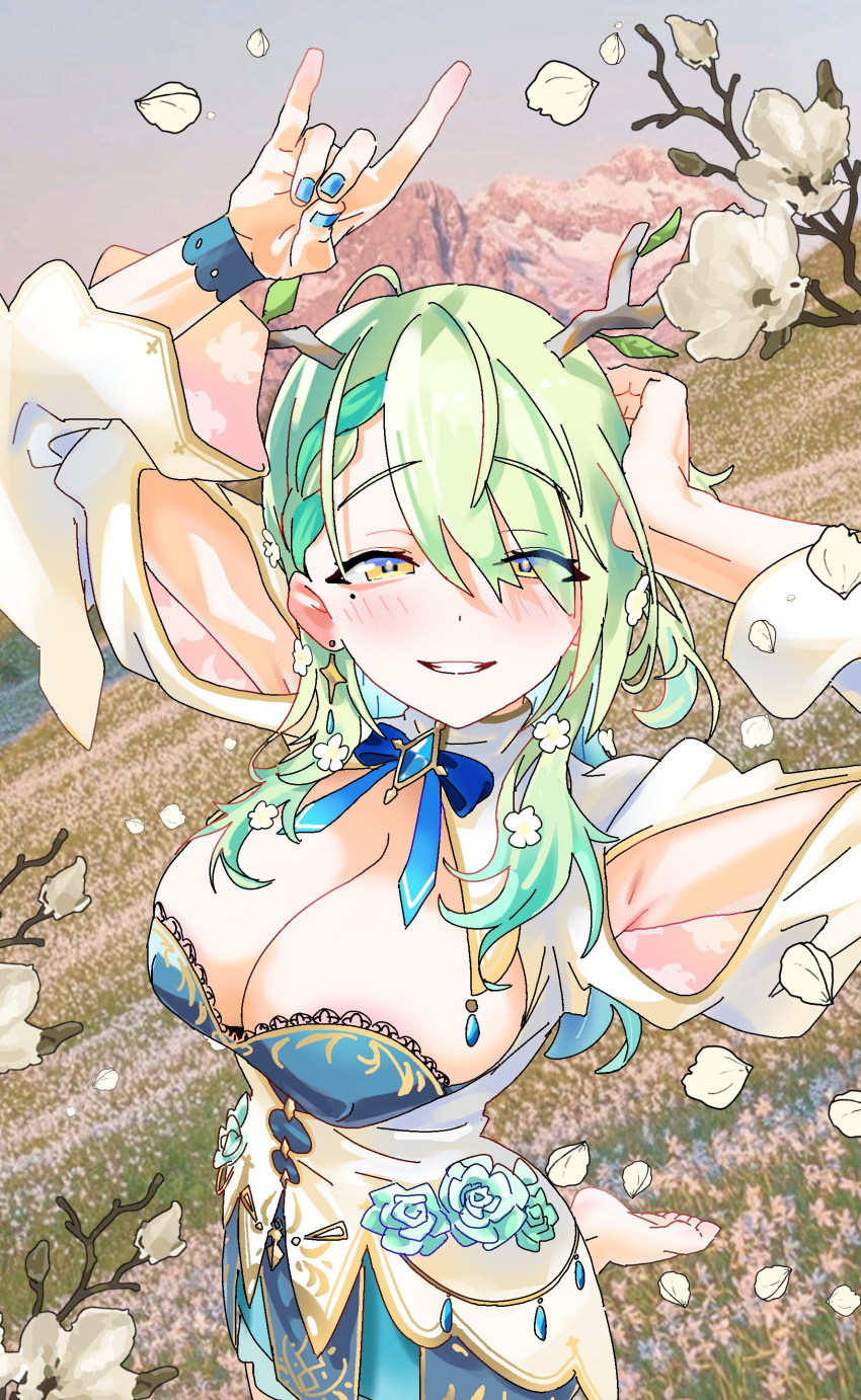 1girl absurdres antlers armpits barefoot blue_nails blue_ribbon blush braid braided_bangs breasts ceres_fauna cleavage flower fox_shadow_puppet green_hair gurumie hair_flower hair_ornament hair_over_one_eye hand_on_own_head highres hill hololive hololive_english large_breasts long_hair long_sleeves looking_at_viewer mole mole_under_eye nail_polish petals raised_eyebrows ribbon solo virtual_youtuber white_flower yellow_eyes