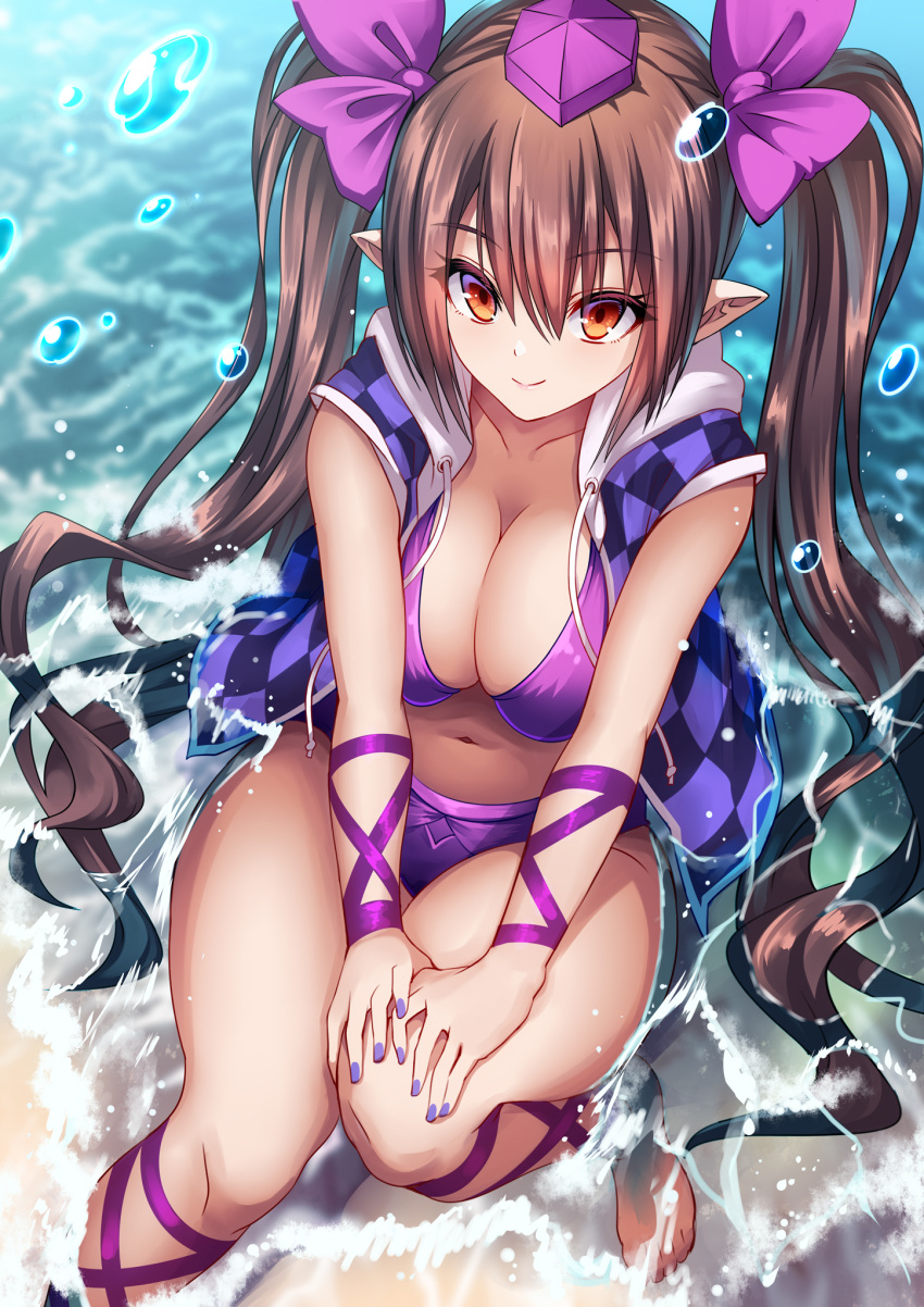 1girl bangs bikini breasts brown_eyes brown_hair checkered_clothes cleavage closed_mouth commentary hands_on_own_knees hat highres hijikawa_arashi himekaidou_hatate large_breasts looking_at_viewer navel open_clothes outdoors pointy_ears purple_bikini purple_headwear purple_nails sitting smile solo swimsuit tokin_hat touhou twintails wading