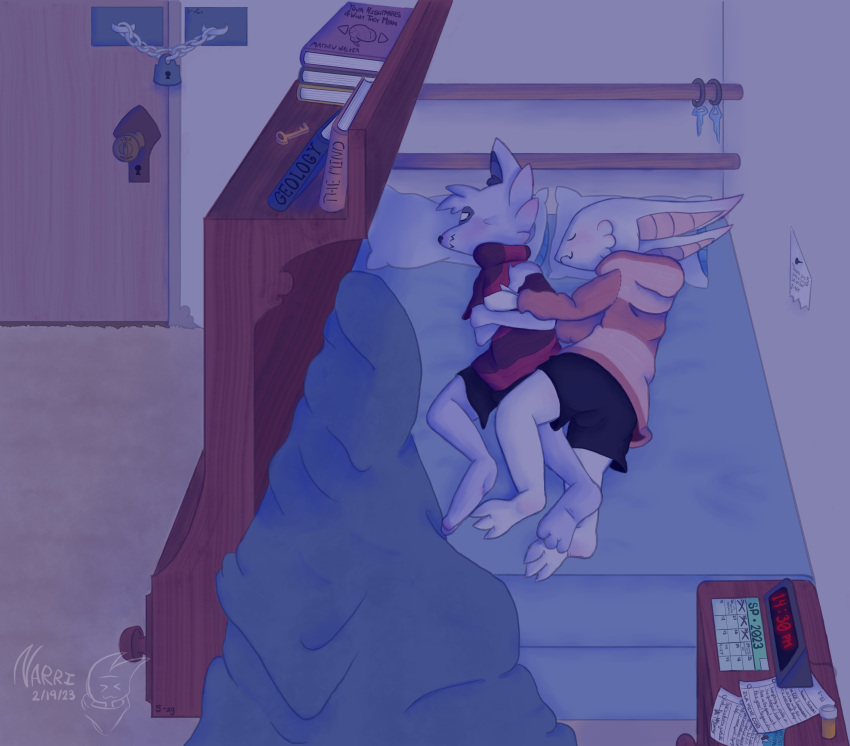 absurd_res alarm_clock anthro bed bedroom black_nose book bookshelf bottomwear bulge calendar canid canine canis clock clothed clothing cuddling digital_media_(artwork) dresser duo embrace eyes_closed fur furniture hi_res hoodie hug inner_ear_fluff jackal key lock lying male male/male mammal night no_pupils on_bed on_side paper pattern_clothing pill_bottle pillow shorts smile striped_clothing stripes text topwear tuft