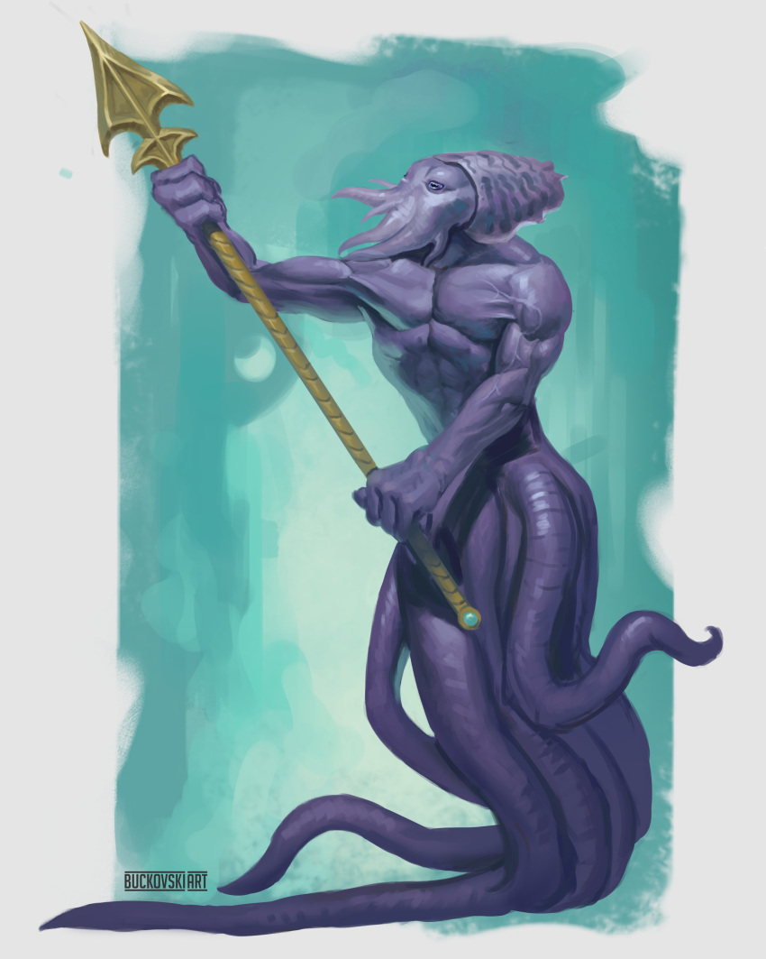 2023 abs absurd_res anthro biceps buckovskiart cephalopod coleoid cuttlefish decapodiform digital_media_(artwork) hi_res holding_object holding_weapon male marine mollusk muscular muscular_anthro muscular_male nude pecs purple_body solo tentacles vein veiny_muscles weapon were werecuttlefish