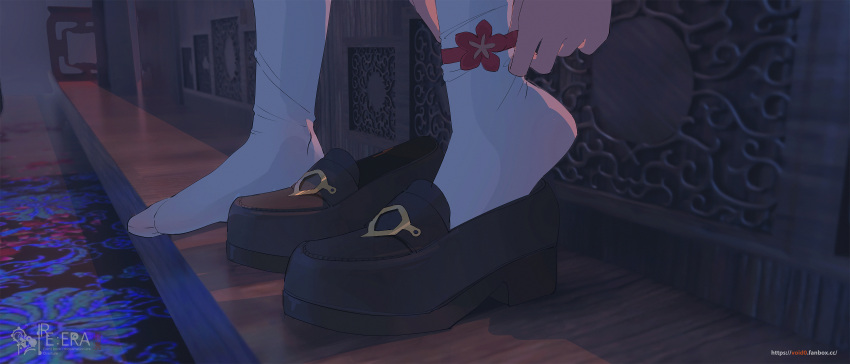 1girl absurdres black_footwear genshin_impact highres hu_tao_(genshin_impact) loafers putting_on_shoes shoes single_shoe socks solo void_0 white_socks