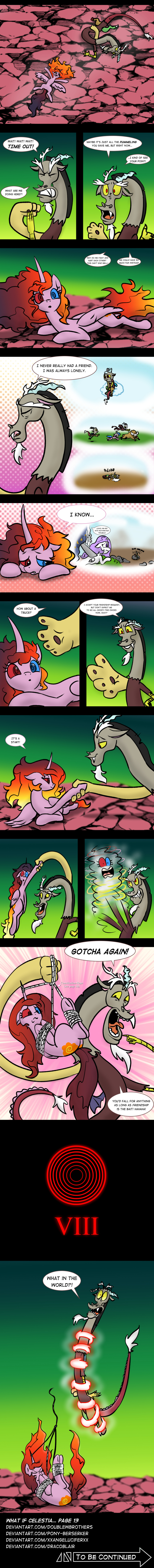 absurd_res bound chimera comic dialogue discord_(mlp) doublewbrothers draconequus english_text equid equine female feral friendship_is_magic hasbro heterochromia hi_res horn long_image male mammal my_little_pony pink_body pony-berserker princess_celestia_(mlp) rope starswirl_the_bearded_(mlp) tall_image text winged_unicorn wings xxangeluciferxx