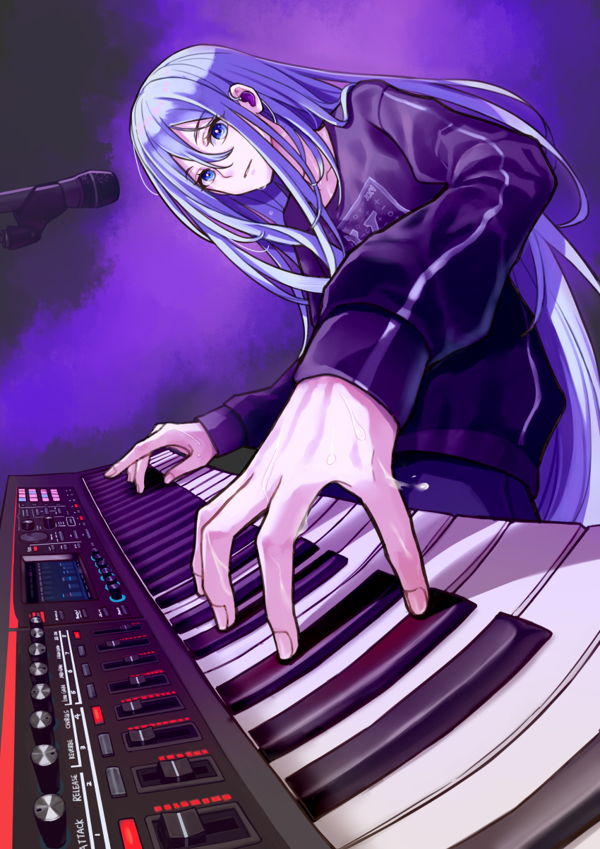 1girl absurdres blue_eyes blue_hair chaos1402 clothes_writing collarbone commentary_request double-parted_bangs dutch_angle earpiece fingernails foreshortening grey_background hair_between_eyes highres instrument jacket keyboard_(instrument) light_blue_hair long_hair long_sleeves looking_at_object microphone multicolored_background music parted_lips playing_instrument print_jacket project_sekai purple_background purple_jacket serious single_stripe solo striped striped_jacket sweat synthesizer track_jacket upper_body yoisaki_kanade