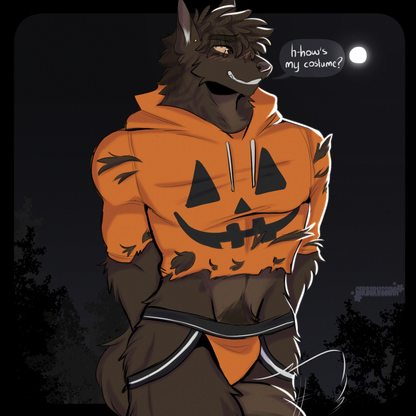 absurd_res anthro brown_body brown_fur canid canine canis cerberussenn clothed clothing ear_piercing fur hair halloween hi_res holidays jockstrap male mammal orange_clothing partially_clothed piercing sam_hawkes solo tail teeth torn_clothing underwear were werecanid werecanine werewolf wolf yellow_eyes