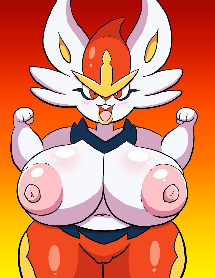 absurd_res anthro areola big_areola big_breasts big_nipples blush breasts buckteeth camel_toe cinderace clothed clothing female generation_8_pokemon glistening glistening_breasts gradient_background hi_res huge_breasts lagomorph leporid looking_at_viewer mammal navel nintendo nipples open_mouth open_smile orange_background pink_areola pink_nipples pokemon pokemon_(species) portrait prinnydood rabbit simple_background smile solo teeth thick_thighs three-quarter_portrait topless wide_hips yellow_background