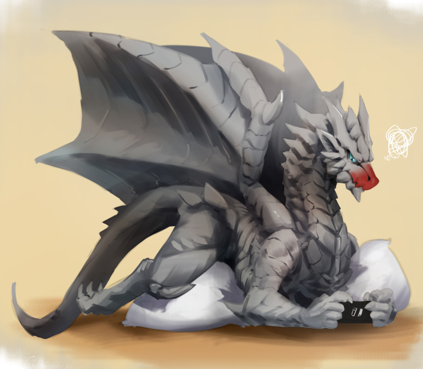 absurd_res ambiguous_gender angry anthro dragon elder_dragon hi_res horn kushala_daora lying nintendo nintendo_switch on_front red_nose rock simple_background solo tail wings wiosvikulan