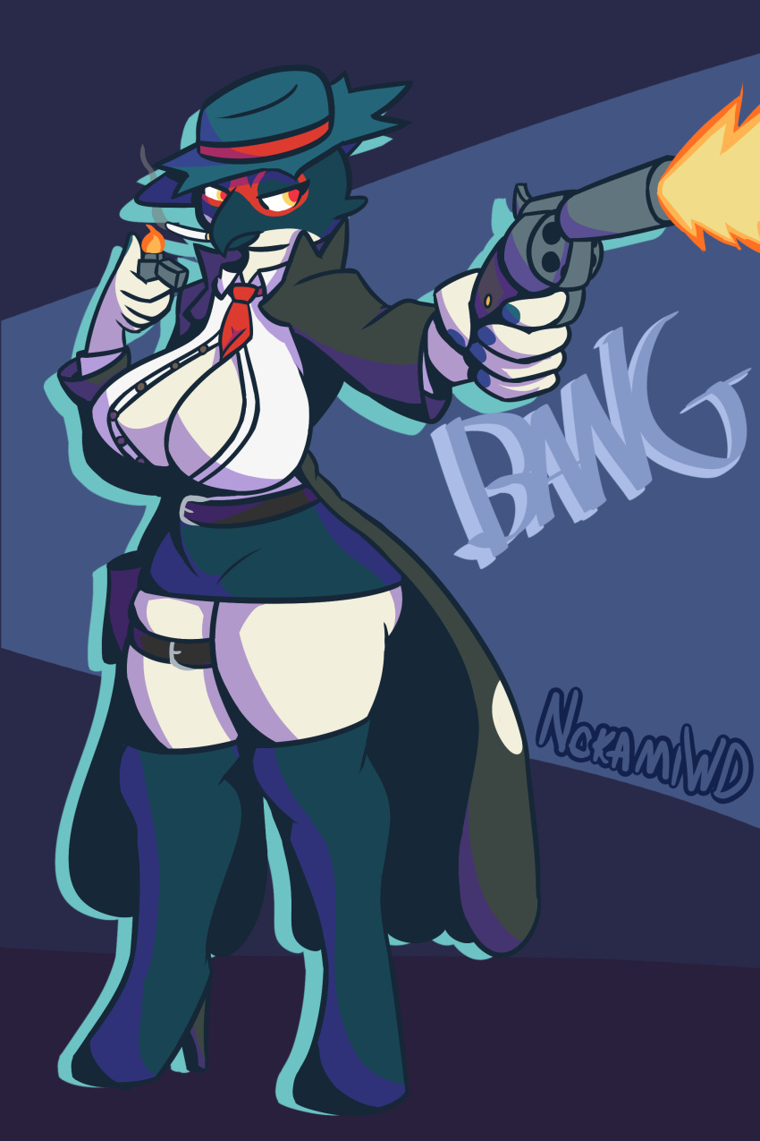 absolute_territory absurd_res anthro belt big_breasts big_butt boots bottomwear breasts butt cigarette cigarette_in_mouth cleavage clothed clothing curvaceous curvy_figure decidueye female footwear generation_7_pokemon gun handgun hi_res high_heeled_boots high_heels holding_gun holding_object holding_weapon huge_breasts huge_butt lighter miniskirt necktie necktie_between_breasts nintendo nokamiwd object_in_mouth pokemon pokemon_(species) ranged_weapon revolver simple_background skirt smoking solo standing thick_thighs voluptuous weapon wide_hips