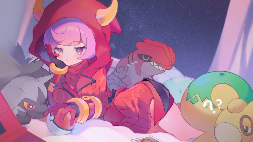 1girl ? ?? blush closed_mouth commentary courtney_(pokemon) dress fake_horns gloves groudon head_rest highres holding holding_poke_ball hood hood_up horns indoors maxie_(pokemon) night numel on_bed photo_(object) poke_ball poke_ball_(basic) pokemon pokemon_(creature) pokemon_(game) pokemon_oras poochyena ribbed_dress smile sweater sweater_dress swept_bangs team_magma team_magma_uniform teoskyrios window