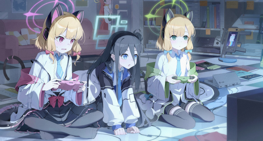 4girls absurdres animal_ear_headphones animal_ears aris_(blue_archive) black_hair black_skirt black_thighhighs blonde_hair blue_archive cat_ear_headphones closed_mouth coat controller couch fake_animal_ears game_controller hair_between_eyes hairband halo headphones highres indoors jacket long_hair midori_(blue_archive) momoi_(blue_archive) muina multiple_girls necktie off_shoulder on_floor one_side_up open_mouth parted_lips peeking_out playing_games pleated_skirt red_hair shirt siblings sisters sitting skirt sweat tail thighhighs twins very_long_hair white_coat white_shirt wide_sleeves yuzu_(blue_archive)