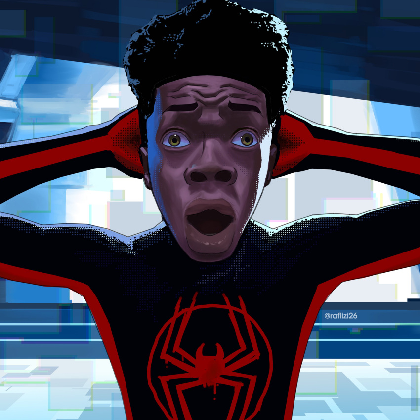 1boy absurdres arms_behind_head arms_up black_hair bodysuit commentary dark-skinned_male dark_skin english_commentary hands_on_own_head highres looking_at_viewer male_focus marvel meme miles_morales open_mouth rafli_fazli shocked_black_guy_(meme) short_hair solo spider-man_(miles_morales) spider-man_(series) spider-verse spider_web_print straight-on superhero surprised twitter_username upper_body very_dark_skin yellow_eyes