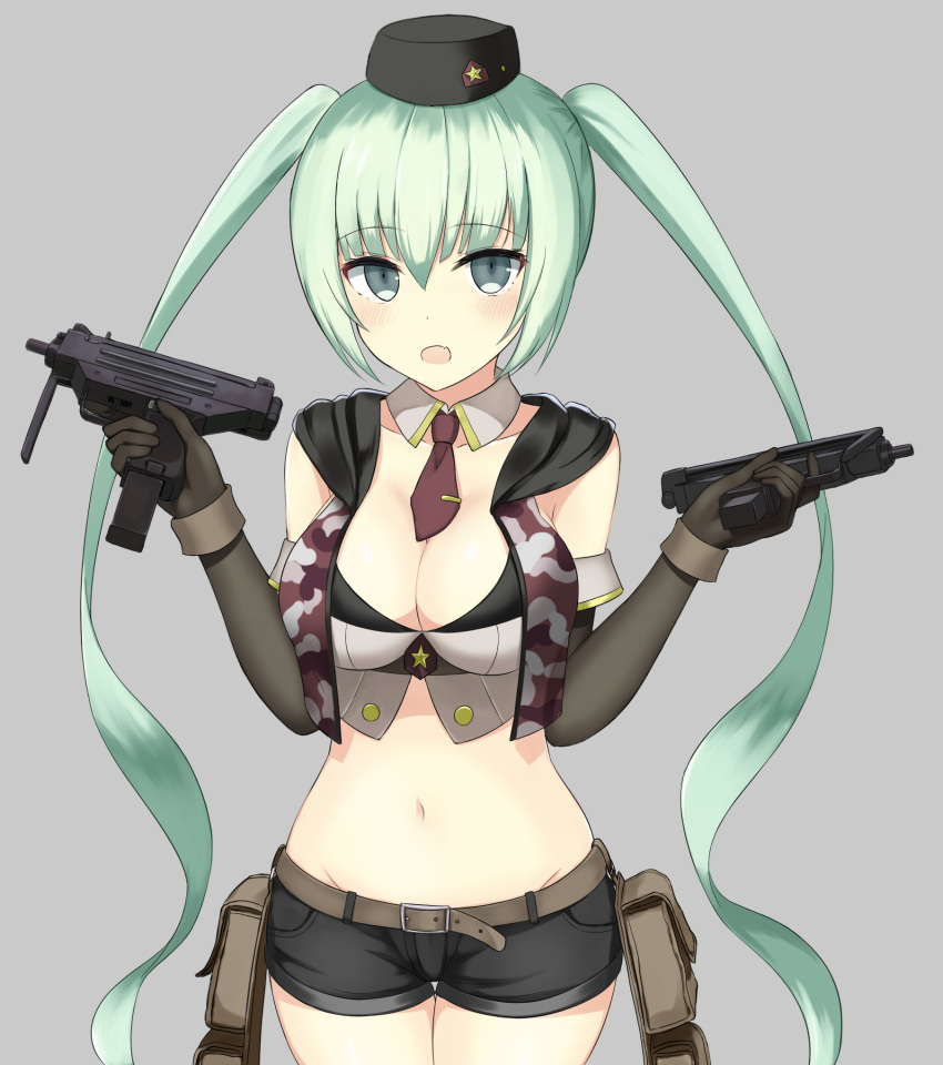 1girl black_gloves black_headwear black_shorts breasts cleavage commentary core_(pusn3354) cowboy_shot dual_wielding english_commentary girls'_frontline gloves green_eyes green_hair grey_background gun hat highres holding holding_gun holding_weapon large_breasts long_hair looking_at_viewer micro_uzi micro_uzi_(girls'_frontline) navel necktie open_mouth red_necktie short_necktie shorts simple_background solo submachine_gun tank_top twintails very_long_hair weapon